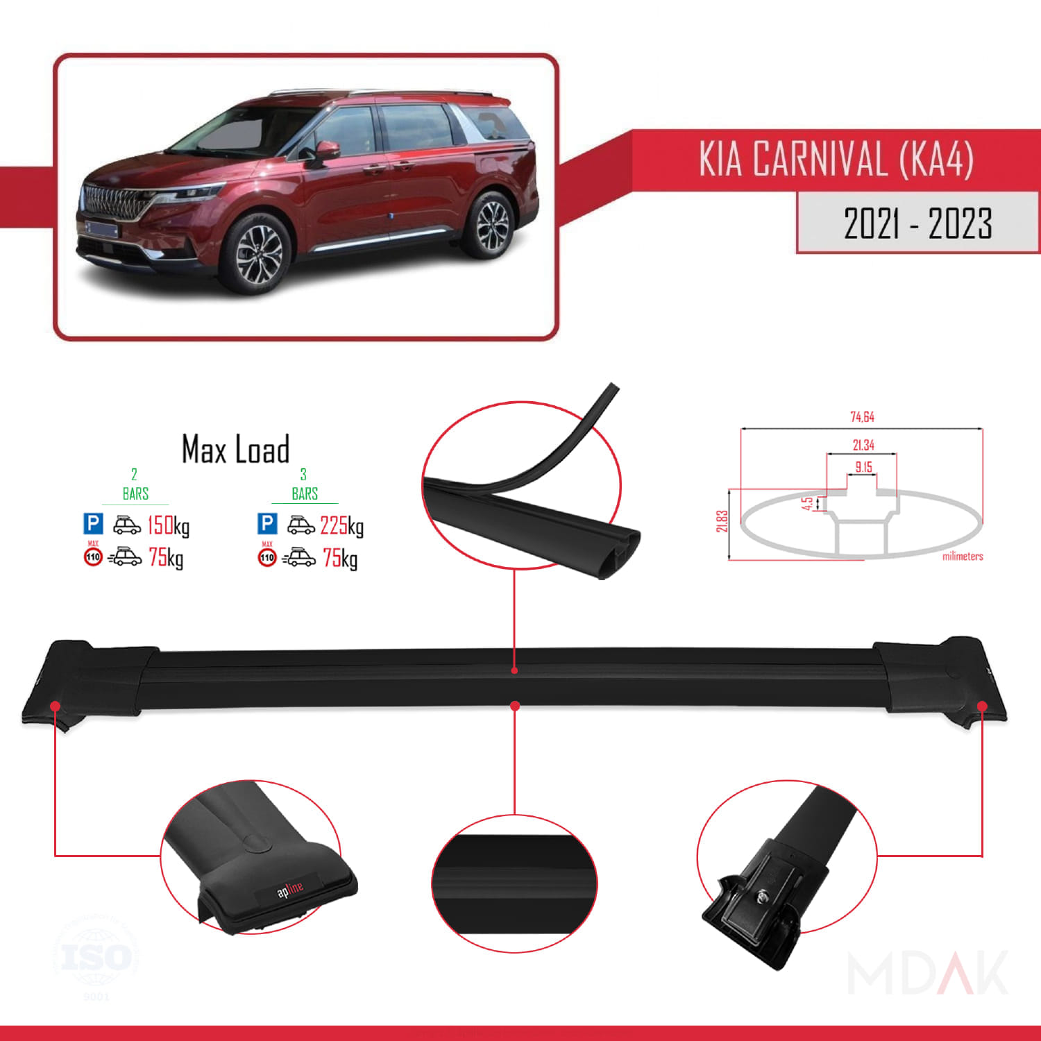 Kia Carnival 4 (KA4) 2021-2023 Arası ile Uyumlu FLY Model Ara Atkı Tavan Barı Siyah 2 Adet - Görsel 3