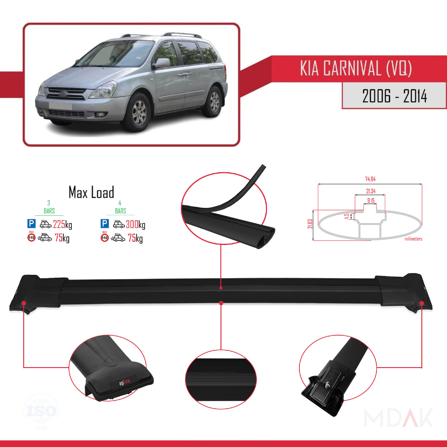 Kia Carnival 2 (VQ) 2006-2014 Arası ile Uyumlu FLY Model Ara Atkı Tavan Barı Siyah 3 Adet - Görsel 3
