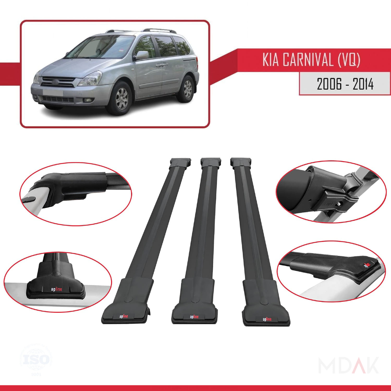 Kia Carnival 2 (VQ) 2006-2014 Arası ile Uyumlu FLY Model Ara Atkı Tavan Barı Siyah 3 Adet - Görsel 4