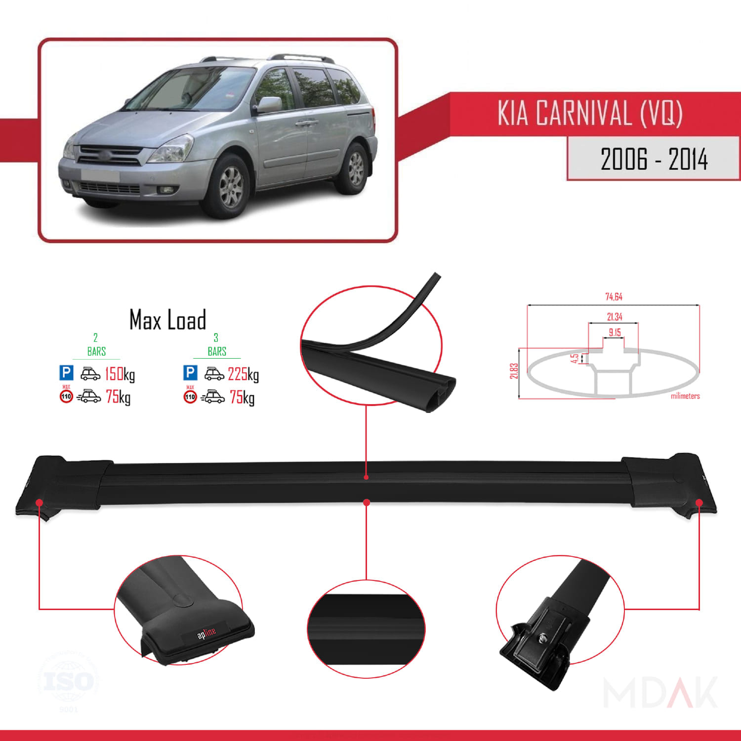 Kia Carnival 2 (VQ) 2006-2014 Arası ile Uyumlu FLY Model Ara Atkı Tavan Barı Siyah 2 Adet - Görsel 3