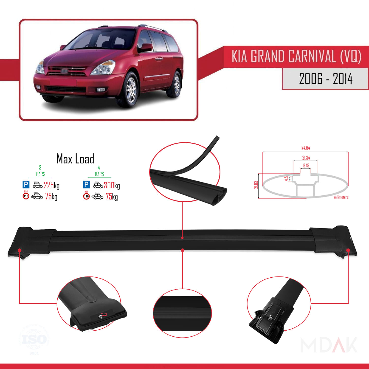 Kia Grand Carnival 2 (VQ) 2006-2014 Arası ile Uyumlu FLY Model Ara Atkı Tavan Barı Siyah 3 Adet - Görsel 3