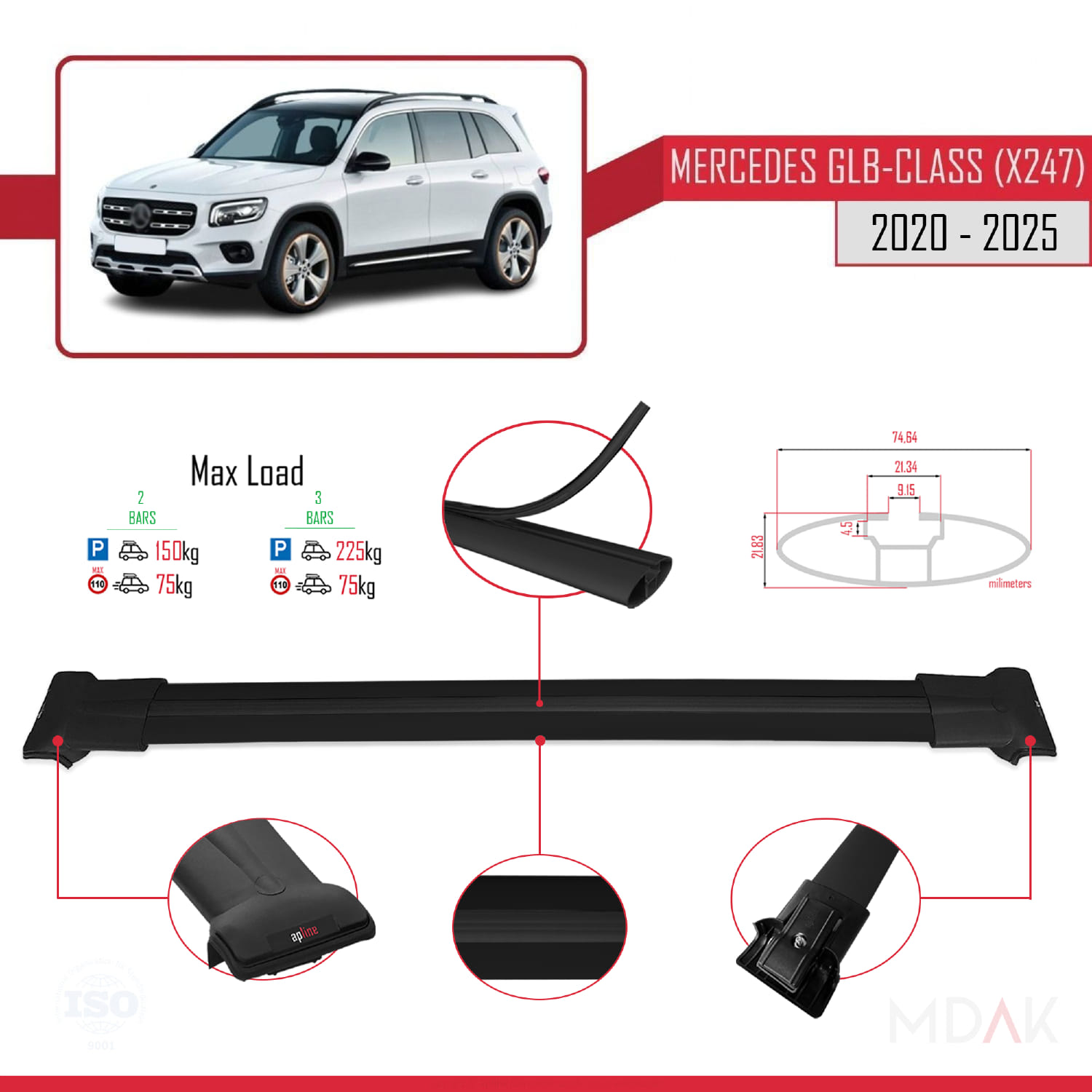 Mercedes GLB Class (X247) 2020 ve Sonrası ile Uyumlu FLY Model Ara Atkı Tavan Barı Siyah 2 Adet - Görsel 3