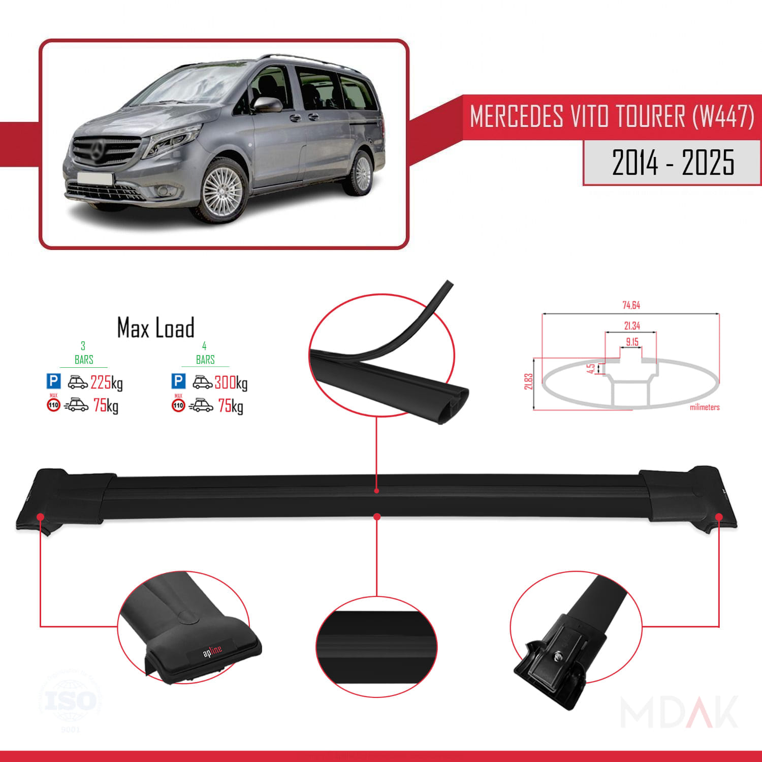 Mercedes Vito Tourer (W447) 2014 ve Sonrası ile Uyumlu FLY Model Ara Atkı Tavan Barı Siyah 3 Adet - Görsel 3