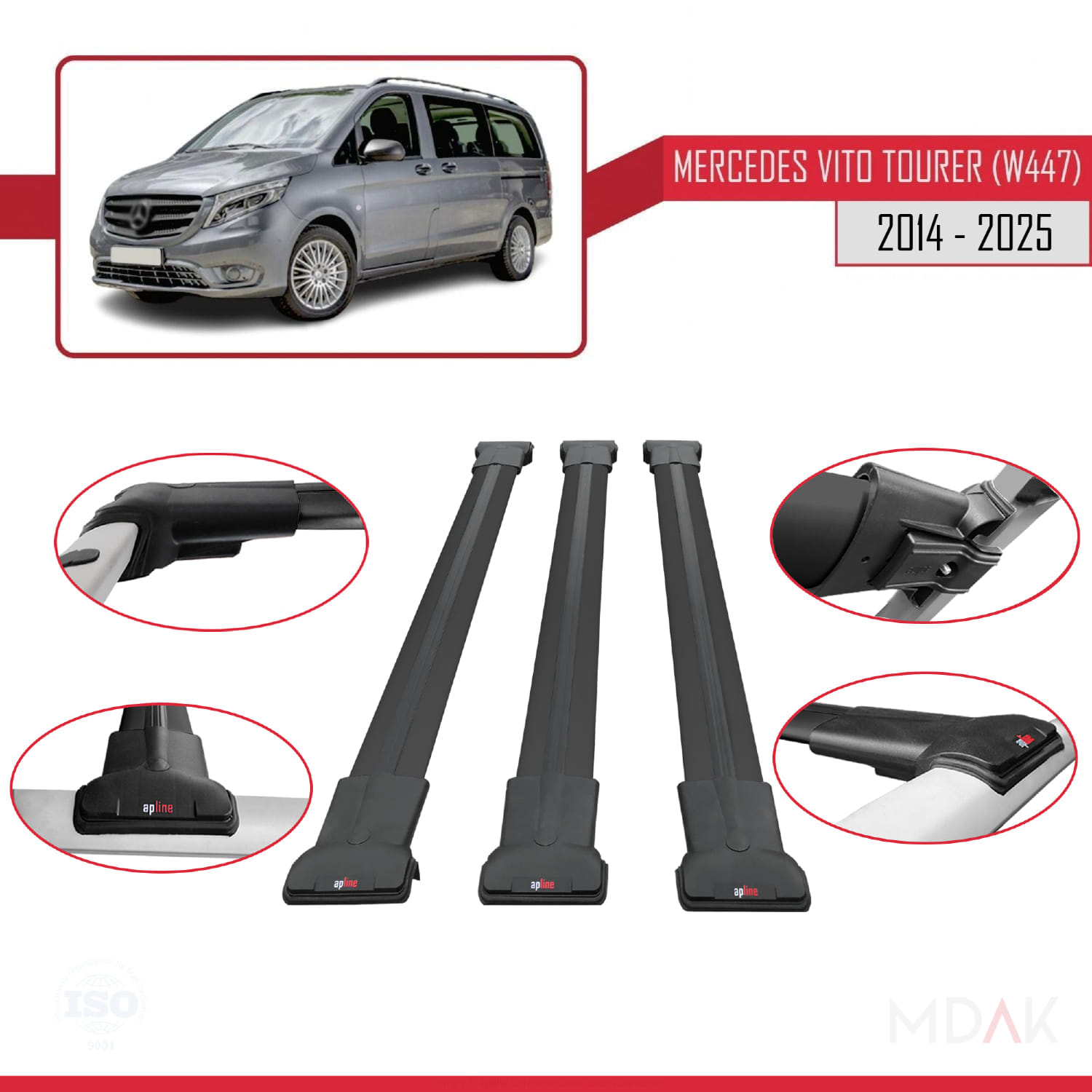 Mercedes Vito Tourer (W447) 2014 ve Sonrası ile Uyumlu FLY Model Ara Atkı Tavan Barı Siyah 3 Adet - Görsel 4
