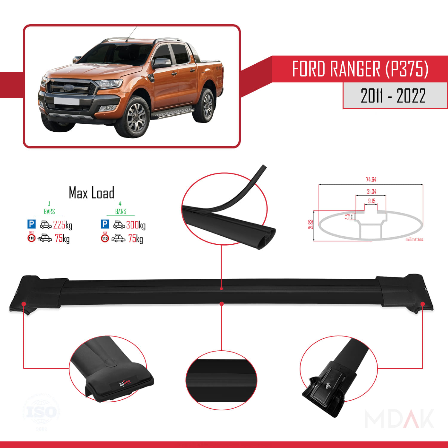 Ford Ranger (P375) 2011-2022 Arası ile Uyumlu FLY Model Ara Atkı Tavan Barı Siyah 3 Adet - Görsel 3