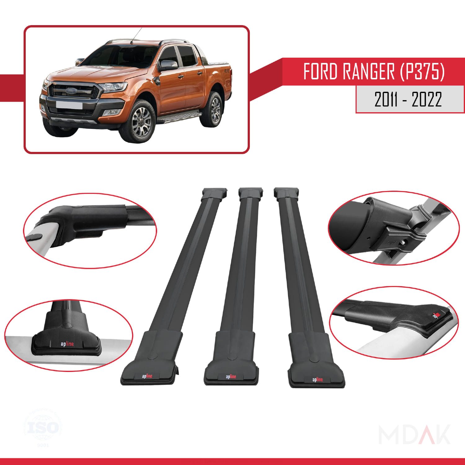 Ford Ranger (P375) 2011-2022 Arası ile Uyumlu FLY Model Ara Atkı Tavan Barı Siyah 3 Adet - Görsel 4