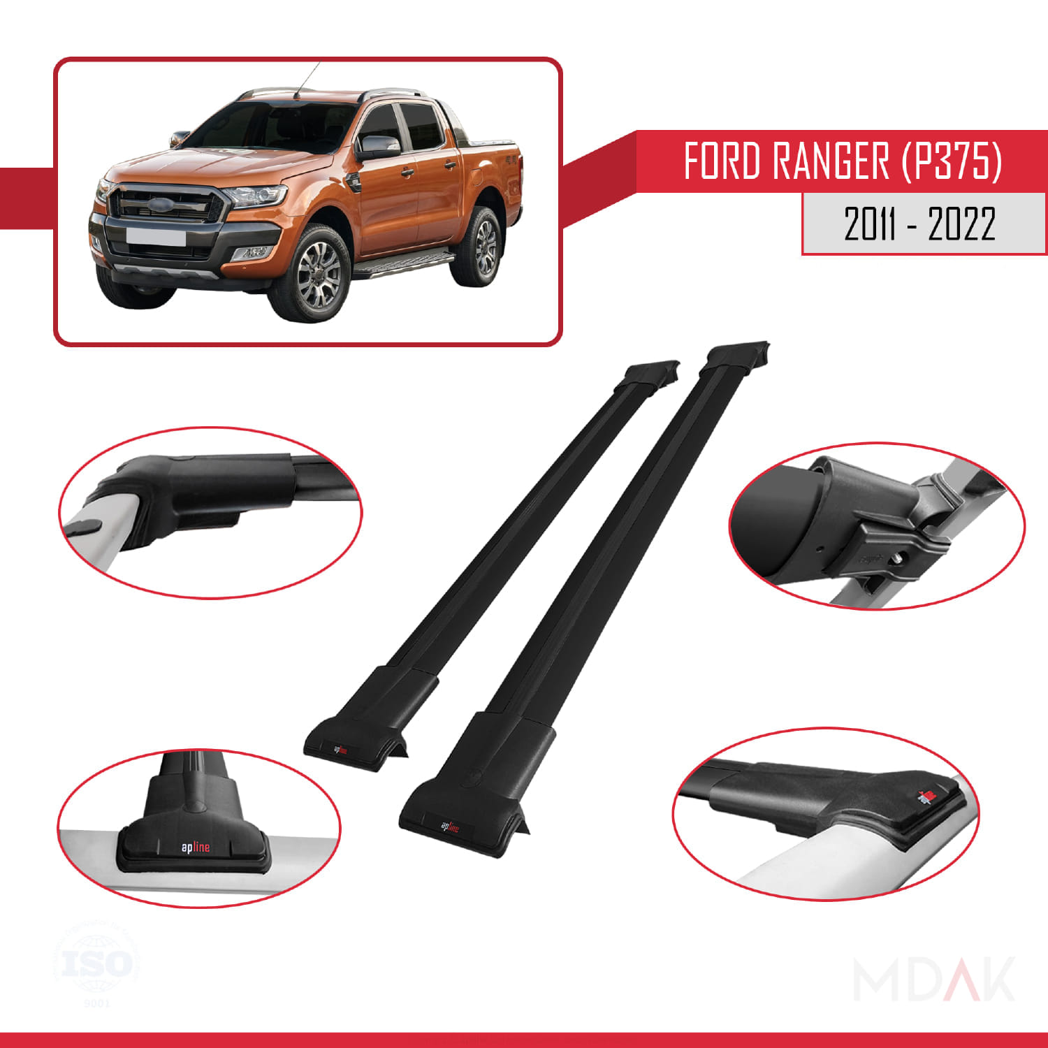 Ford Ranger (P375) 2011-2022 Arası ile Uyumlu FLY Model Ara Atkı Tavan Barı Siyah 2 Adet - Görsel 3