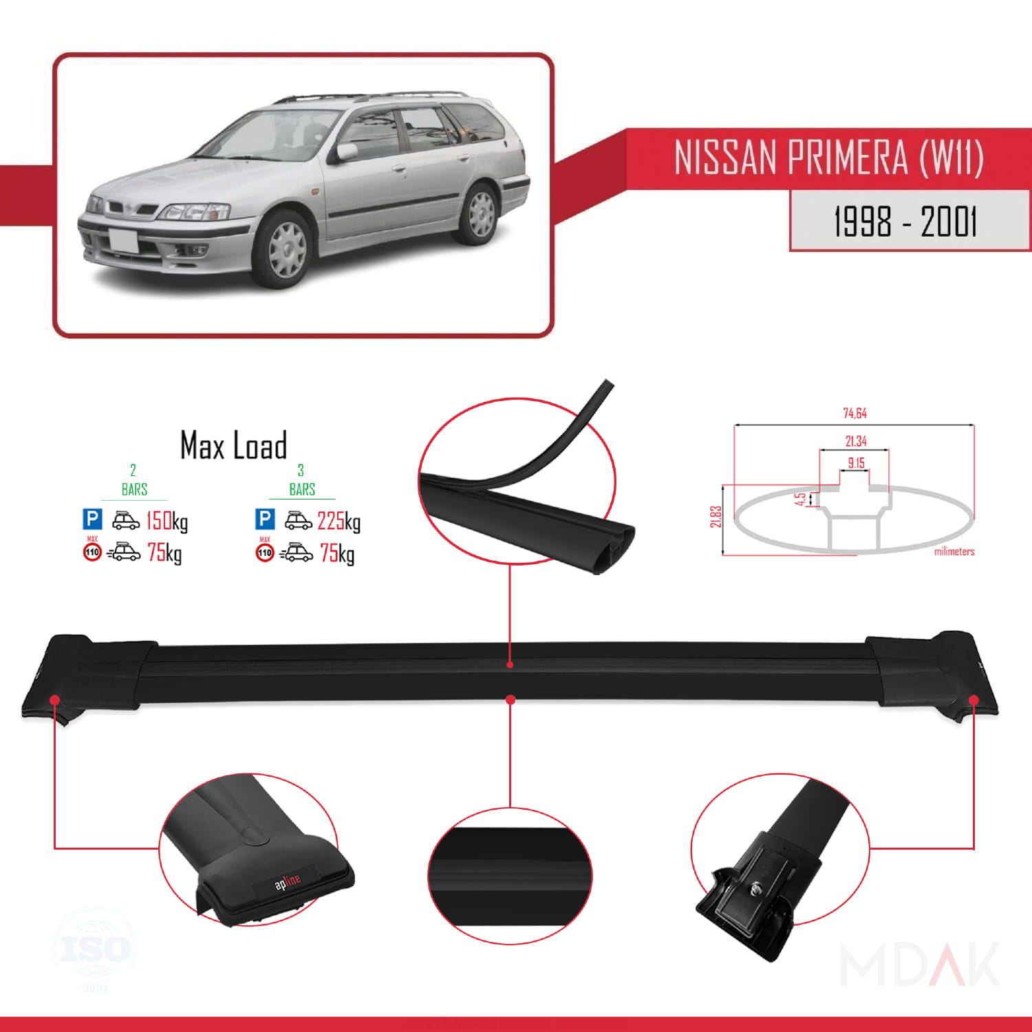 Nissan Primera 2 (W11) Traveller 1998-2001 Arası ile Uyumlu FLY Model Ara Atkı Tavan Barı Siyah 2 Adet - Görsel 3