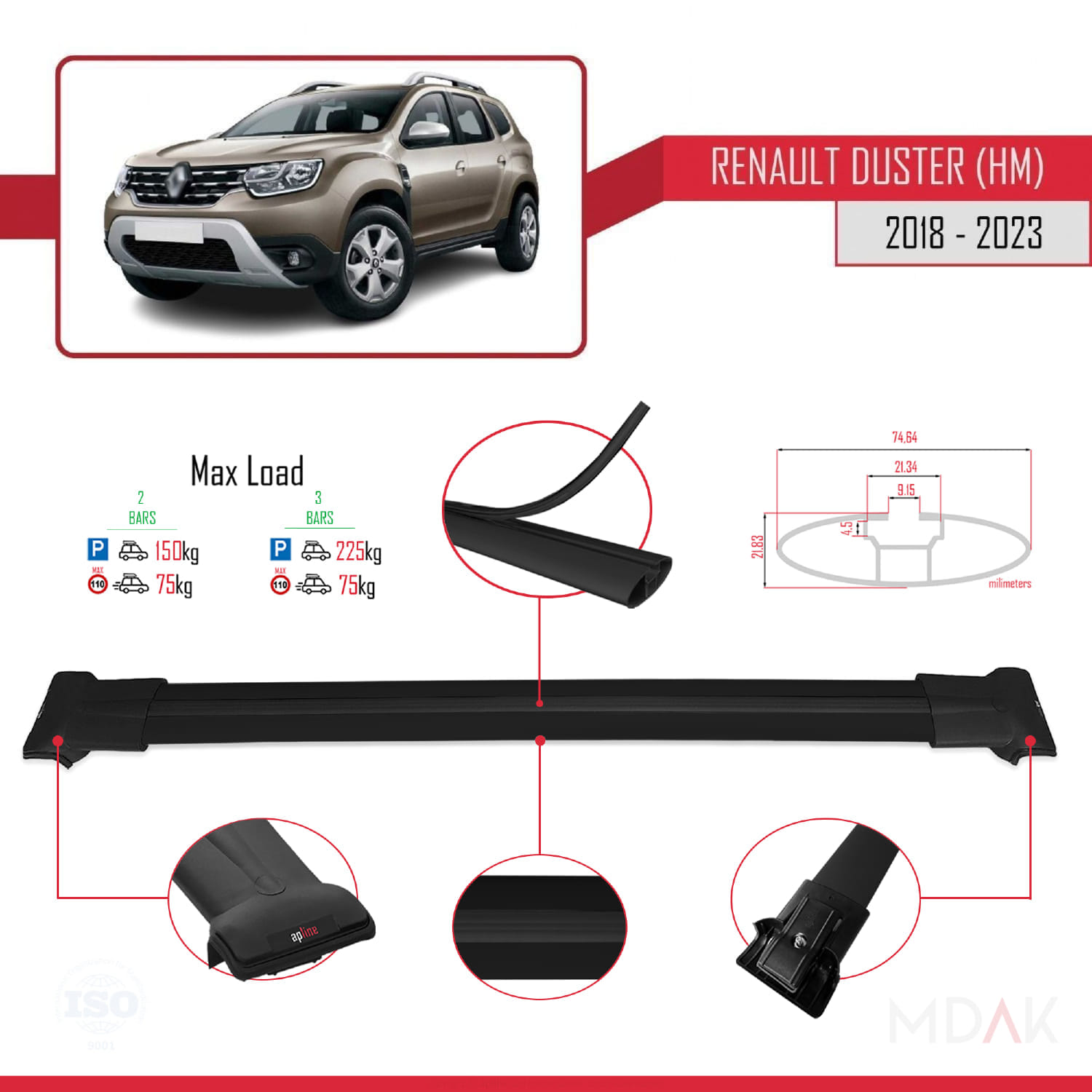 Renault Duster 2 (HM) 2018 ve Sonrası ile Uyumlu FLY Model Ara Atkı Tavan Barı Siyah 2 Adet - Görsel 3