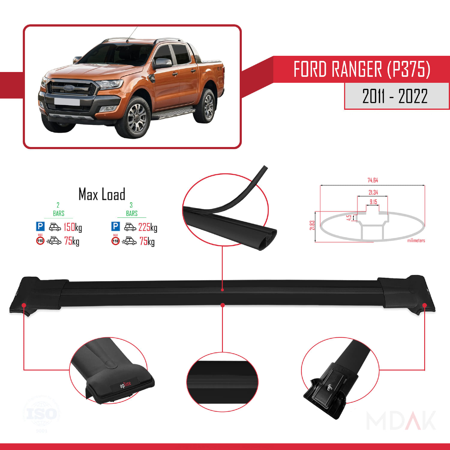 Ford Ranger (P375) 2011-2022 Arası ile Uyumlu FLY Model Ara Atkı Tavan Barı Siyah 2 Adet - Görsel 4