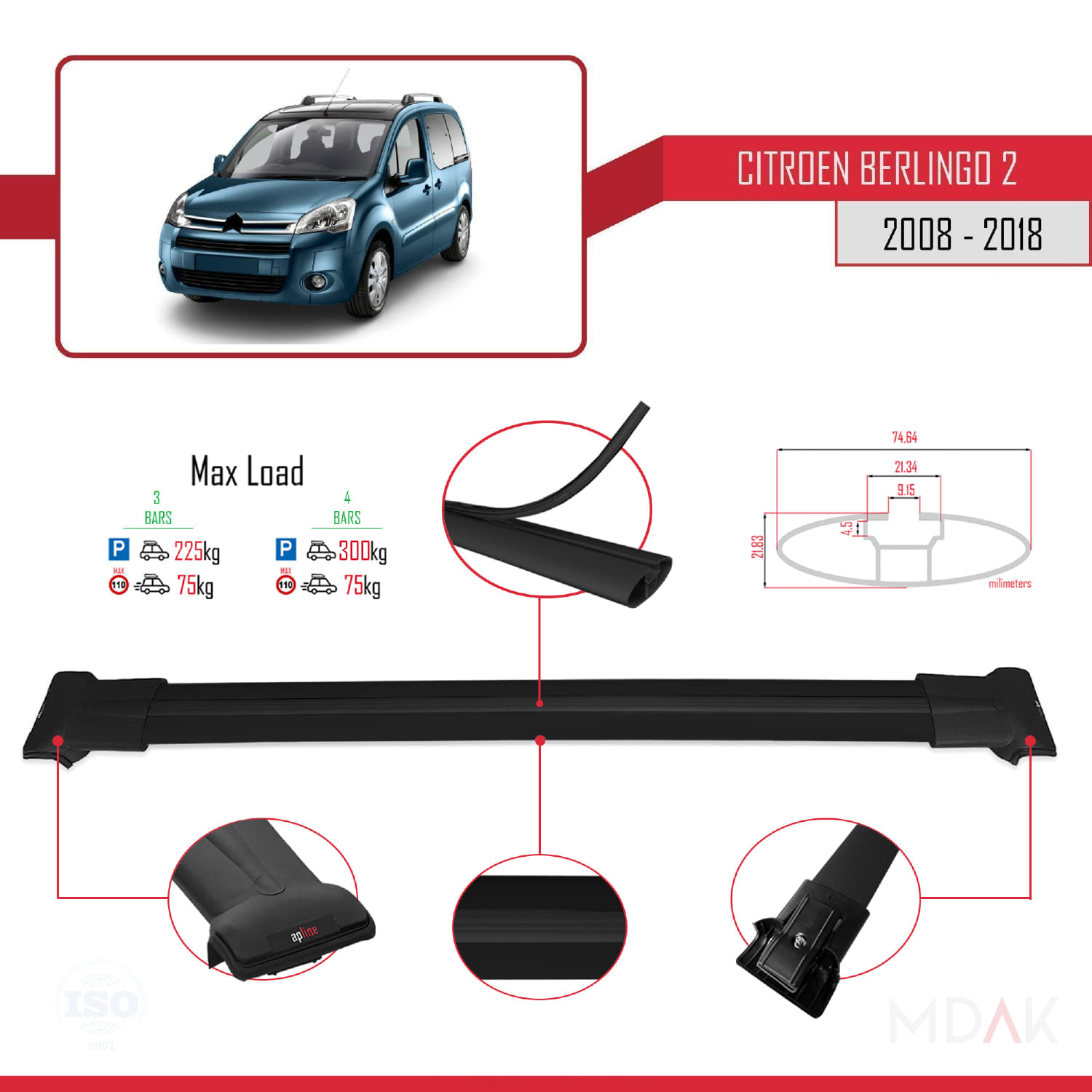 Citroen Berlingo 2 (B9) 2008-2018 Arası ile Uyumlu FLY Model Ara Atkı Tavan Barı Siyah 4 Adet - Görsel 4