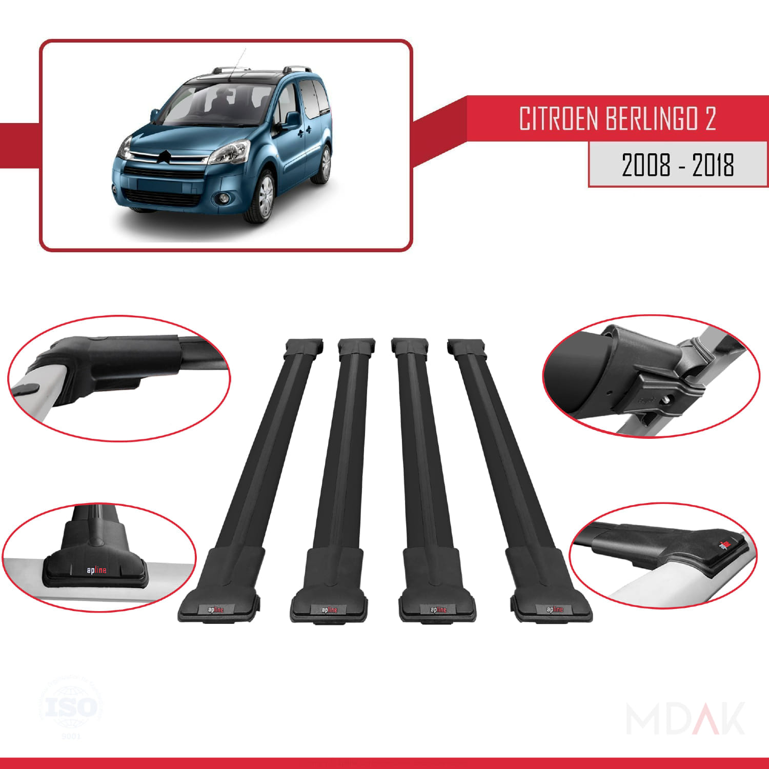 Citroen Berlingo 2 (B9) 2008-2018 Arası ile Uyumlu FLY Model Ara Atkı Tavan Barı Siyah 4 Adet - Görsel 5