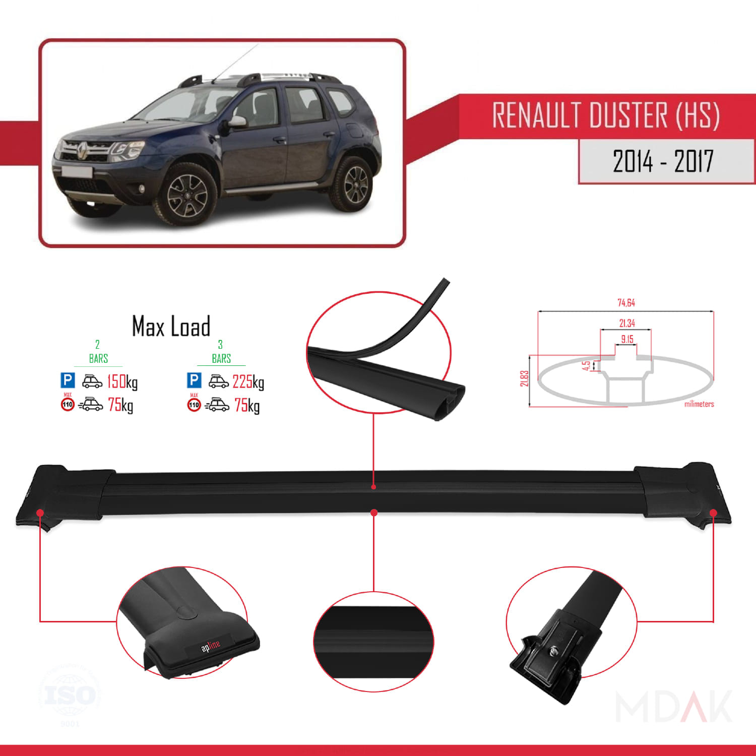 Renault Duster (HS) Post-Facelift 2014-2017 Arası ile Uyumlu FLY Model Ara Atkı Tavan Barı Siyah 2 Adet - Görsel 3