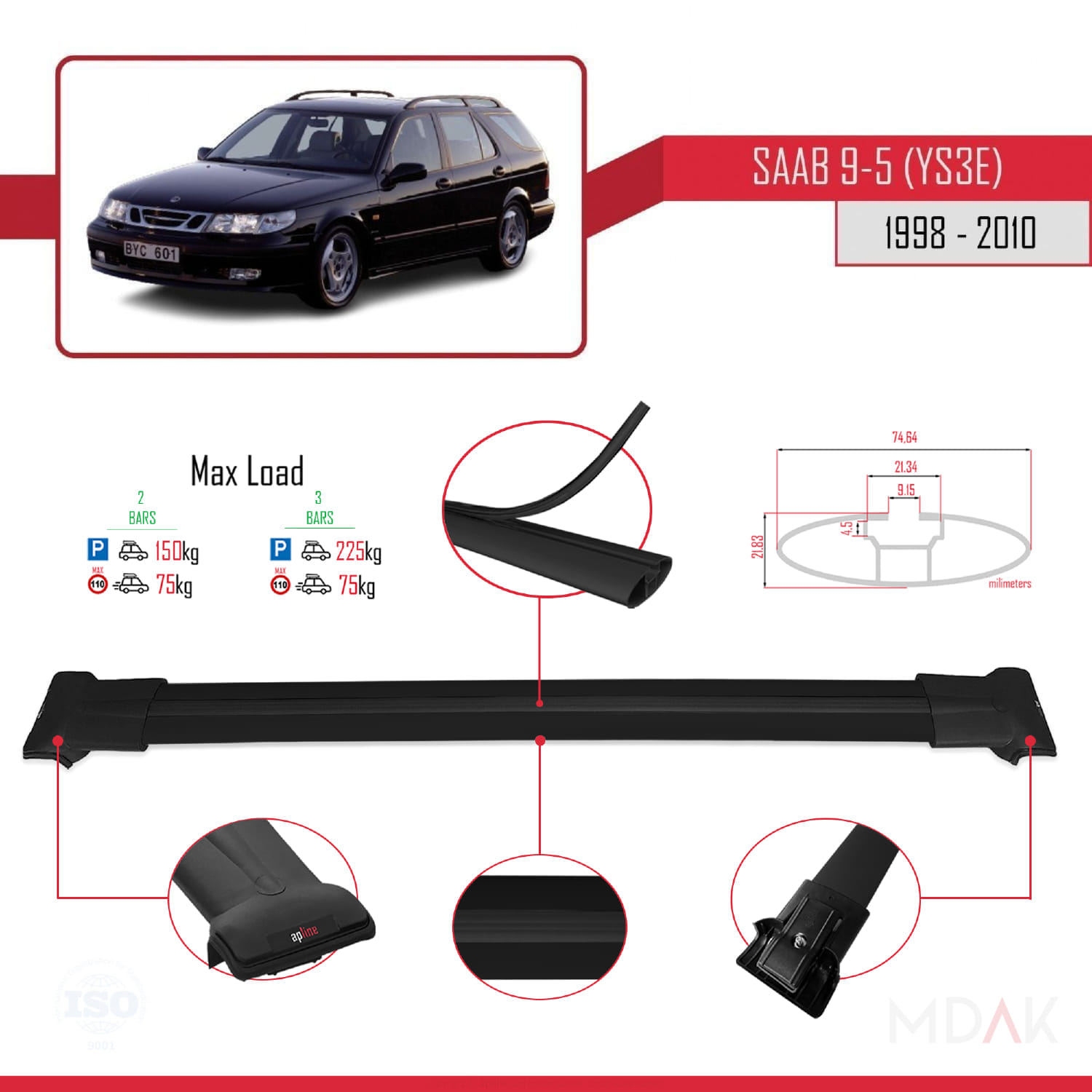 Saab 9-5 (YS3E) SW 1998-2010 Arası ile Uyumlu FLY Model Ara Atkı Tavan Barı Siyah 2 Adet - Görsel 3