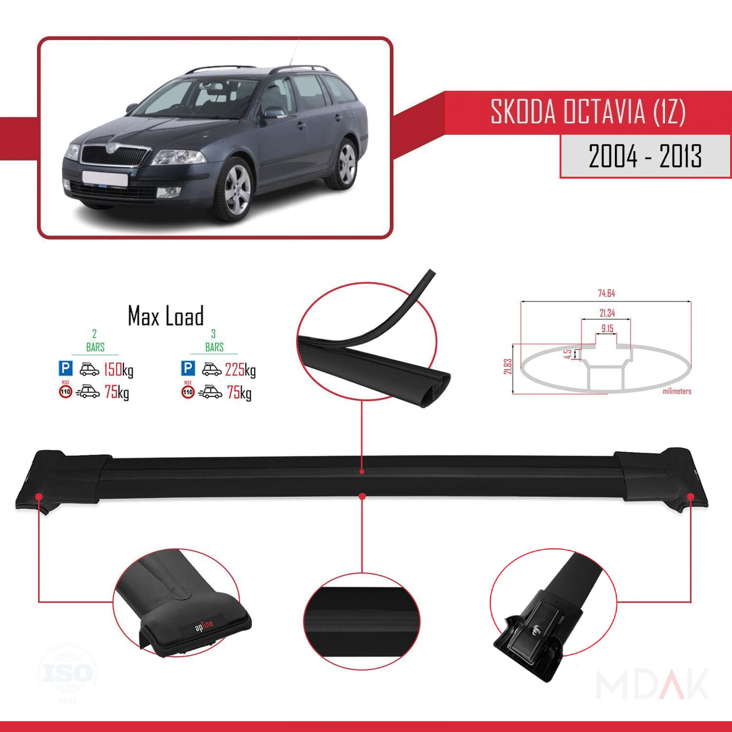 Skoda Octavia 2 (1Z) 2004-2013 Arası ile Uyumlu FLY Model Ara Atkı Tavan Barı Siyah 2 Adet - Görsel 3