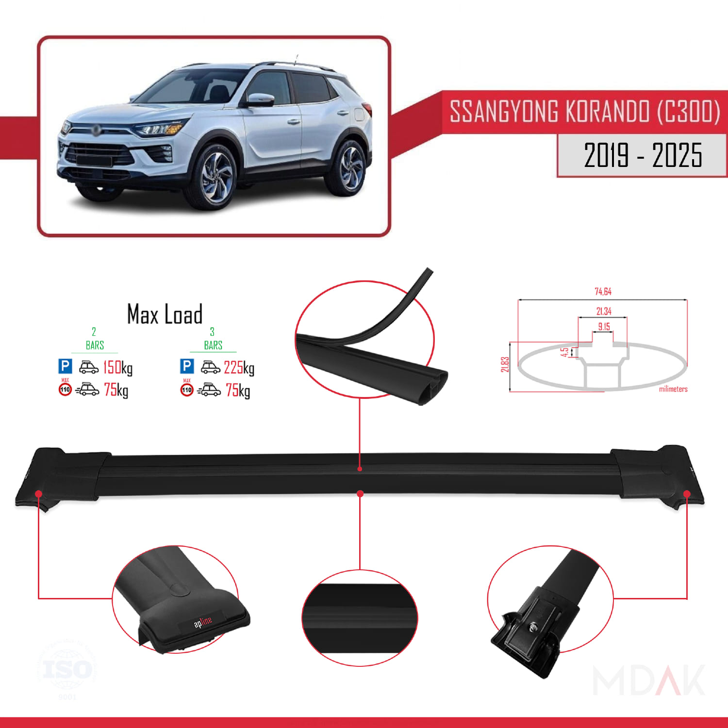 Ssangyong Korando 4 (C300) 2019 ve Sonrası ile Uyumlu FLY Model Ara Atkı Tavan Barı Siyah 2 Adet - Görsel 3