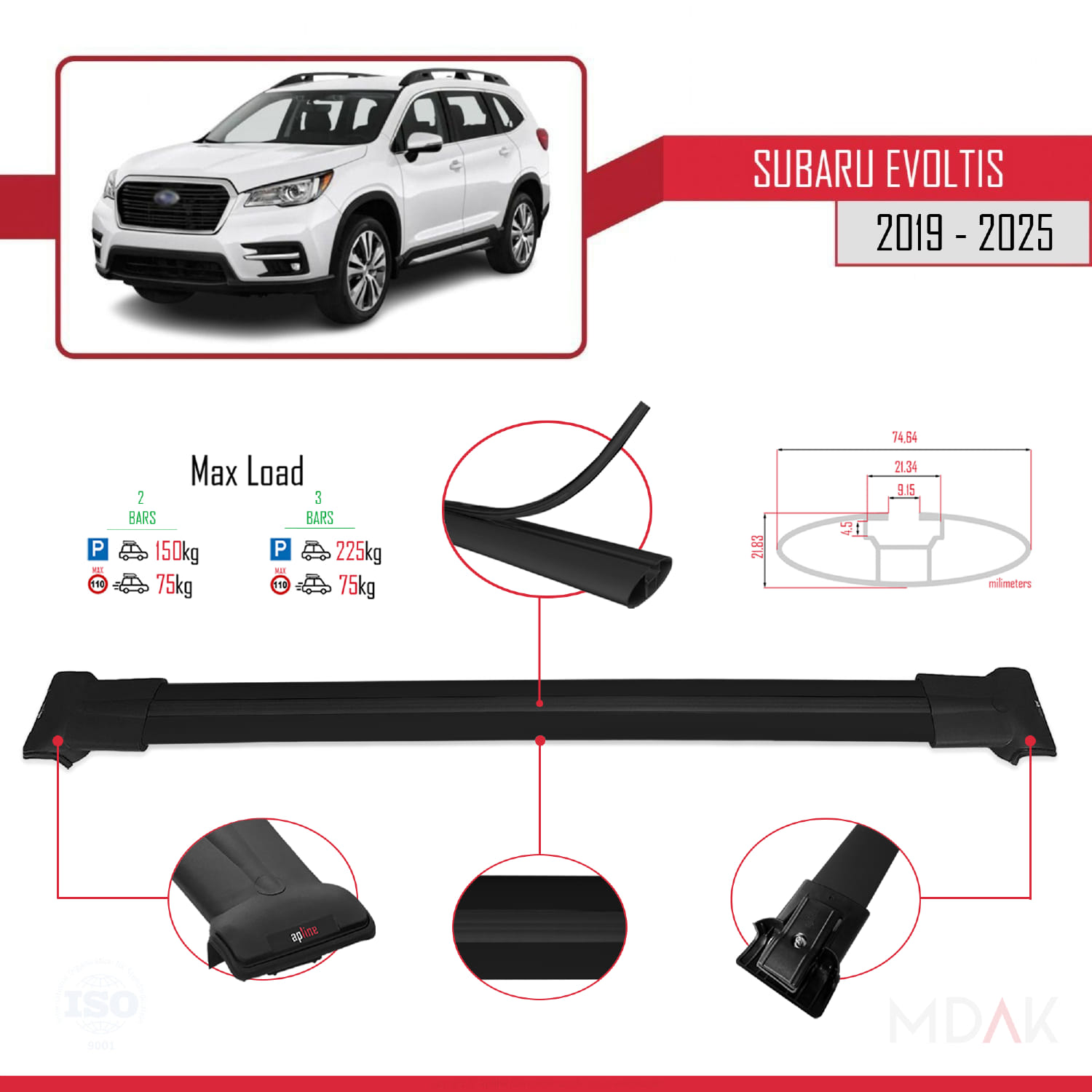 Subaru Evoltis 2019 ve Sonrası ile Uyumlu FLY Model Ara Atkı Tavan Barı Siyah 2 Adet - Görsel 3
