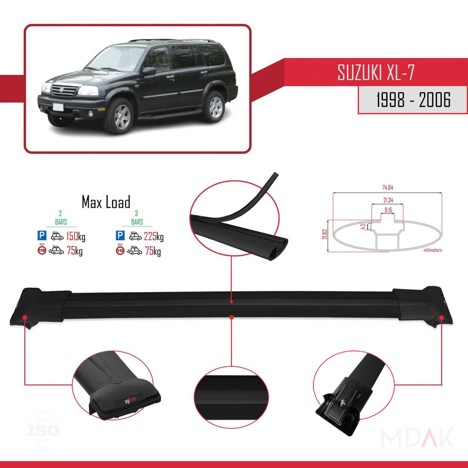 Suzuki XL-7 1998-2006 Arası ile Uyumlu FLY Model Ara Atkı Tavan Barı Siyah 2 Adet - Görsel 3