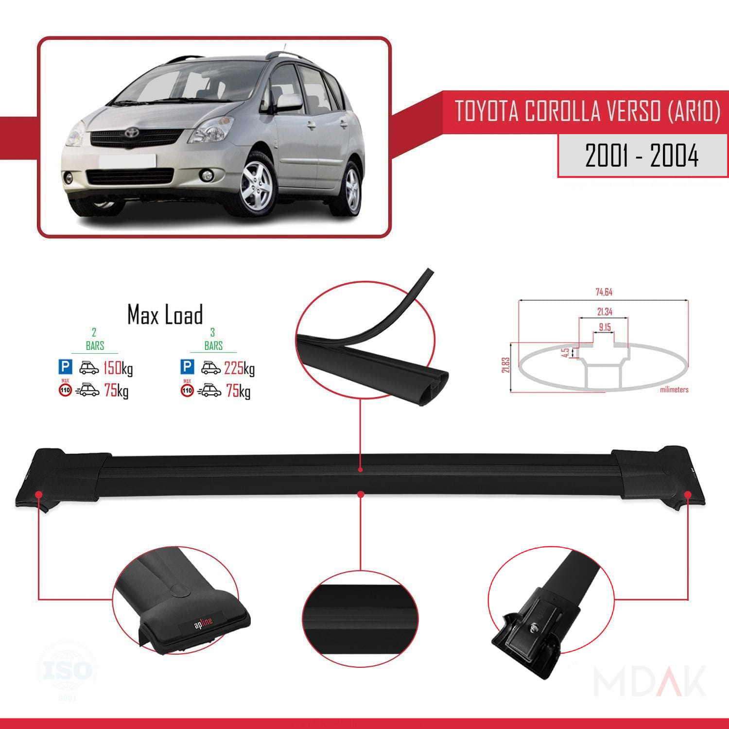 Toyota Corolla Verso (E120) 2001-2004 Arası ile Uyumlu FLY Model Ara Atkı Tavan Barı Siyah 2 Adet - Görsel 3