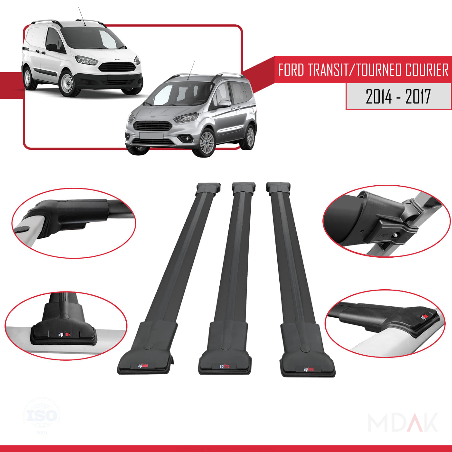 Ford Transit/Tourneo Courier Pre-Facelift 2014-2017 Arası ile Uyumlu FLY Model Ara Atkı Tavan Barı Siyah 3 Adet - Görsel 4