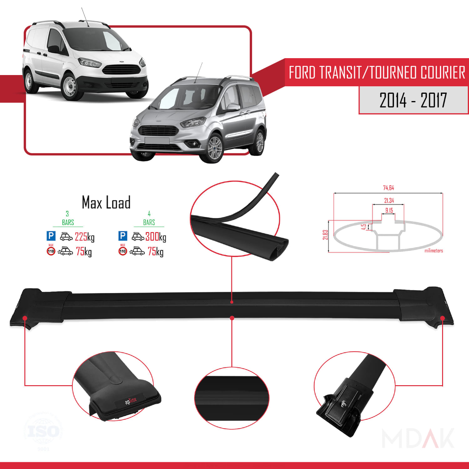 Ford Transit/Tourneo Courier Pre-Facelift 2014-2017 Arası ile Uyumlu FLY Model Ara Atkı Tavan Barı Siyah 4 Adet - Görsel 3