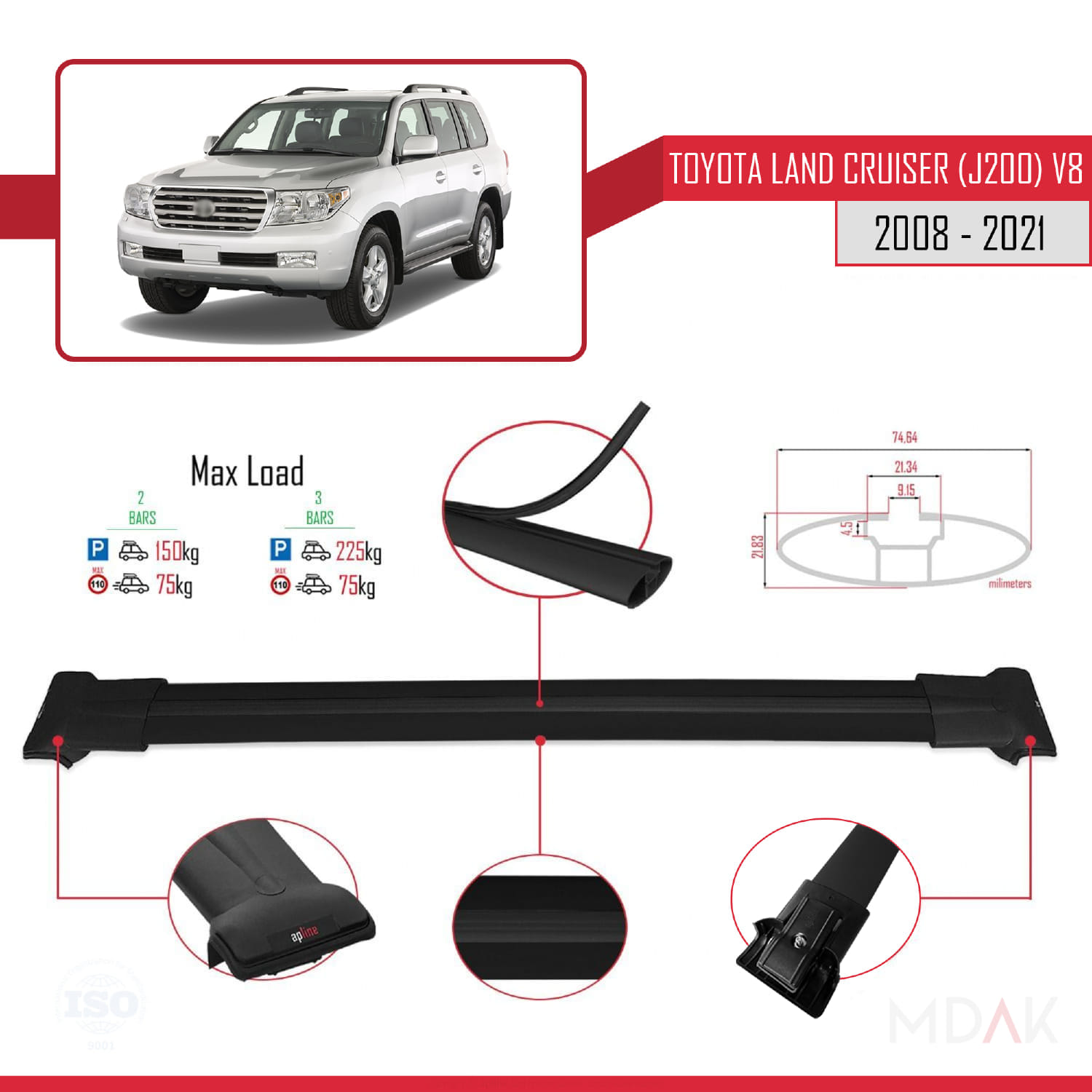 Toyota Land Cruiser V8 (J200) 2008-2021 Arası ile Uyumlu FLY Model Ara Atkı Tavan Barı Siyah 2 Adet - Görsel 3
