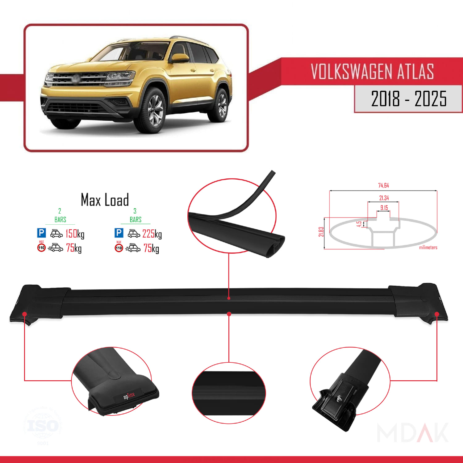 Volkswagen Atlas (CA1) 2018 ve Sonrası ile Uyumlu FLY Model Ara Atkı Tavan Barı Siyah 2 Adet - Görsel 3