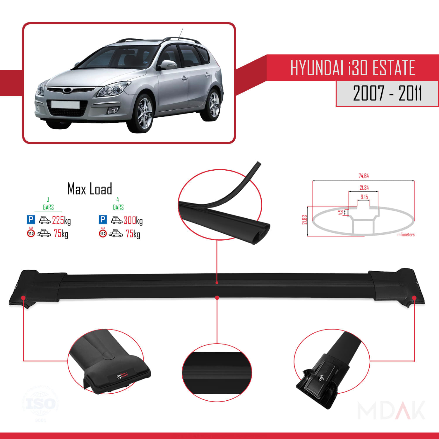 Hyundai i30 (FD) SW 2007-2011 Arası ile Uyumlu FLY Model Ara Atkı Tavan Barı Siyah 3 Adet - Görsel 3