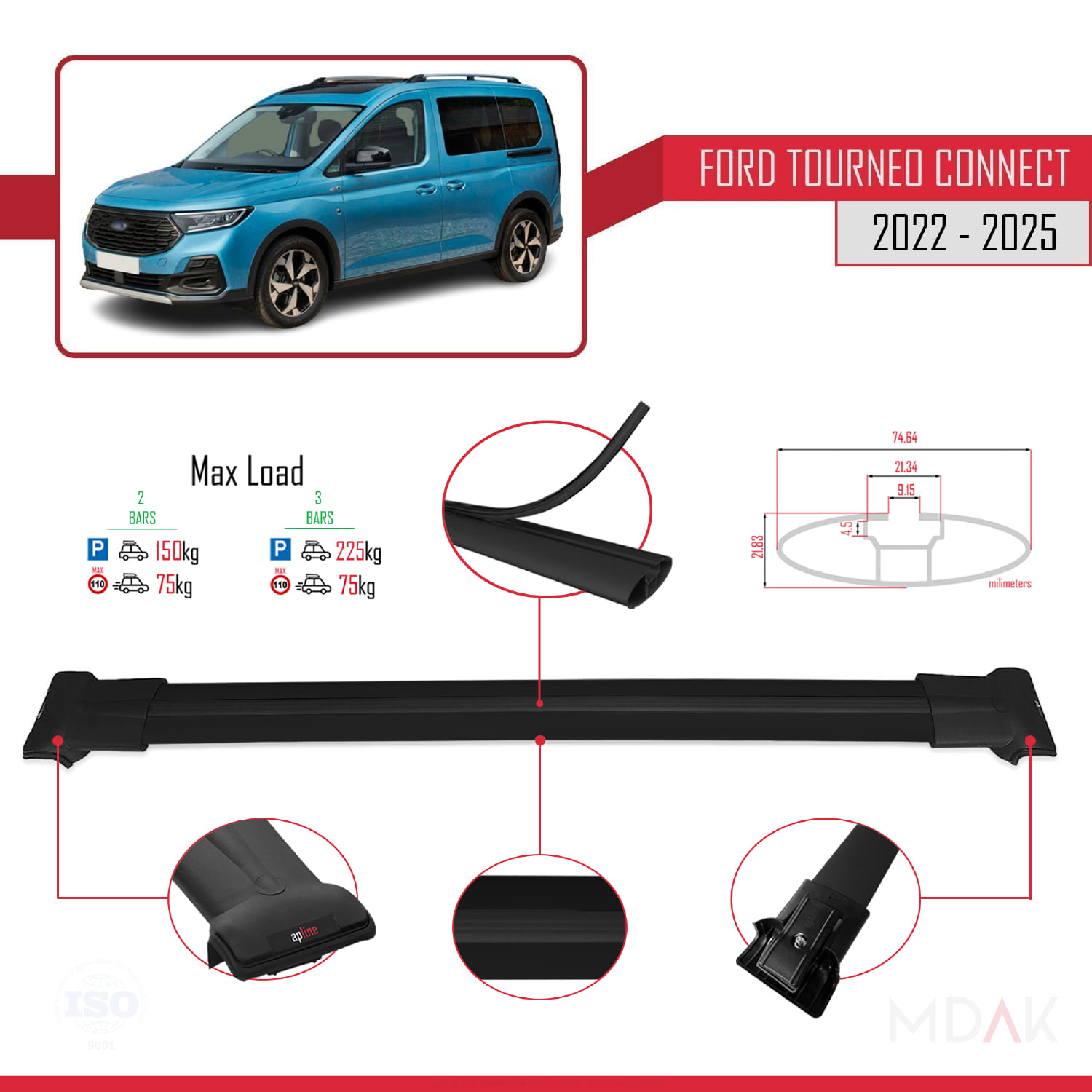 Ford Transit/Tourneo Connect 3 2022 ve Sonrası ile Uyumlu FLY Model Ara Atkı Tavan Barı Siyah 2 Adet - Görsel 3