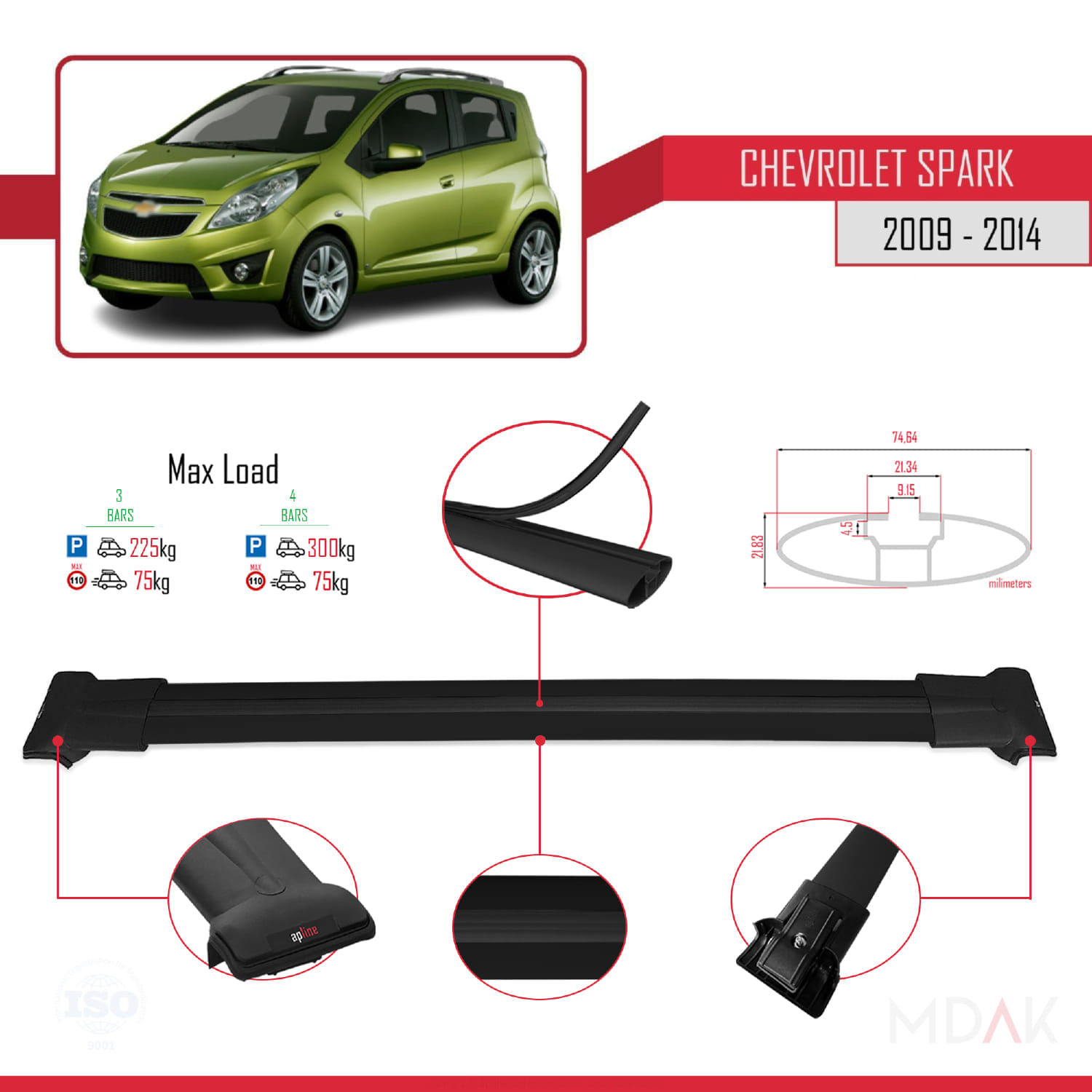Chevrolet Spark (M300) 2009-2014 Arası ile Uyumlu FLY Model Ara Atkı Tavan Barı Siyah 3 Adet - Görsel 3