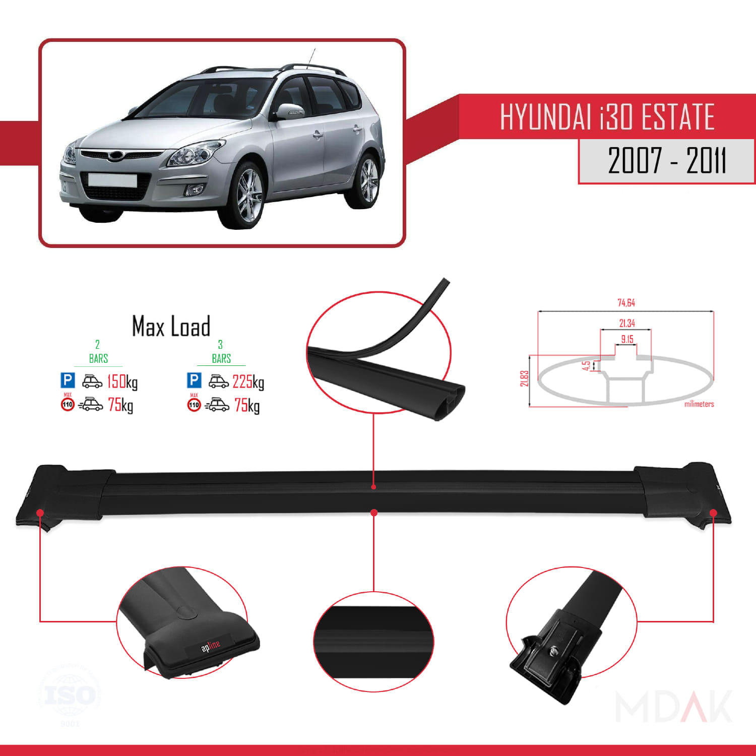Hyundai i30 (FD) SW 2007-2011 Arası ile Uyumlu FLY Model Ara Atkı Tavan Barı Siyah 2 Adet - Görsel 4
