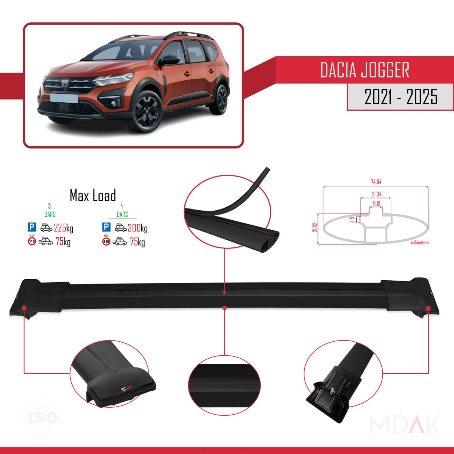 Dacia Jogger 2021 ve Sonrası ile Uyumlu FLY Model Ara Atkı Tavan Barı Siyah 3 Adet - Görsel 3