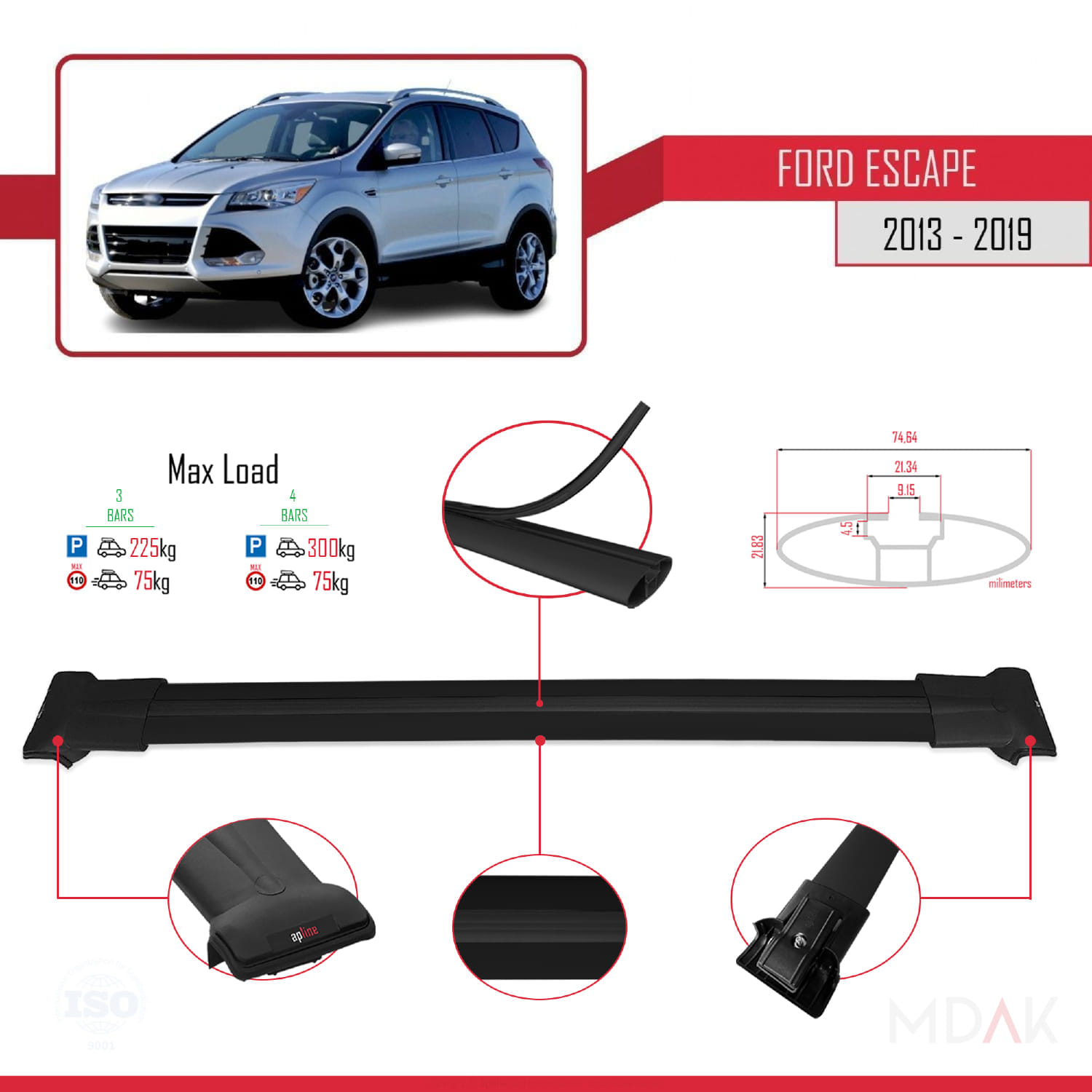 Ford Escape 3 2013-2019 Arası ile Uyumlu FLY Model Ara Atkı Tavan Barı Siyah 3 Adet - Görsel 3