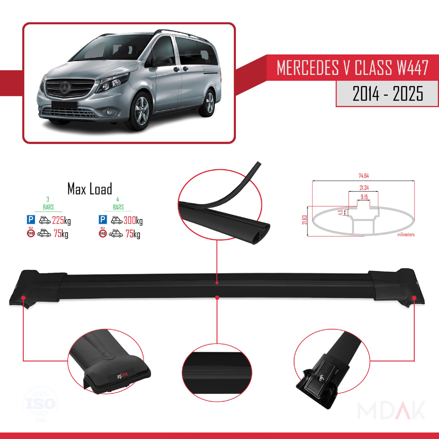 Mercedes V Class 3 (W447) 2014 ve Sonrası ile Uyumlu FLY Model Ara Atkı Tavan Barı Siyah 3 Adet - Görsel 3