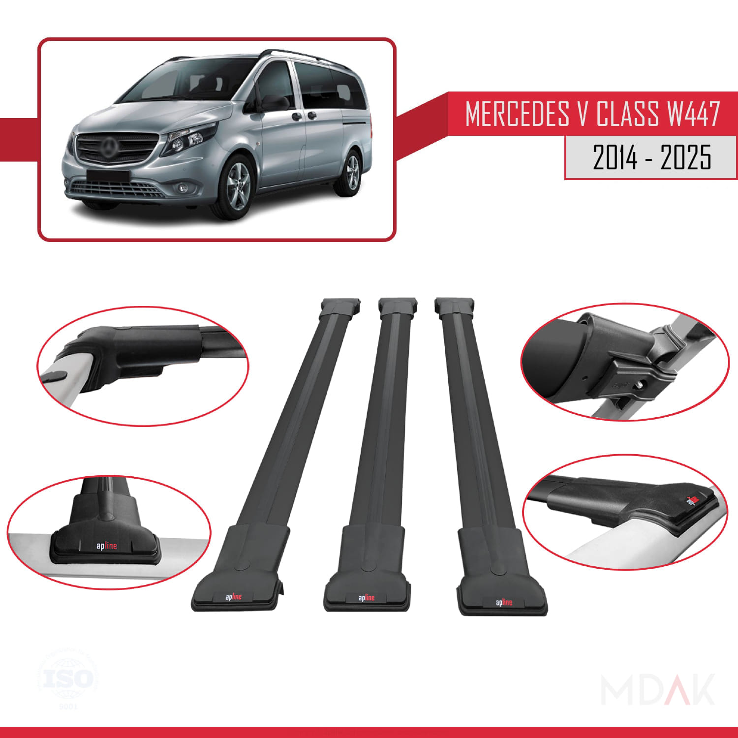 Mercedes V Class 3 (W447) 2014 ve Sonrası ile Uyumlu FLY Model Ara Atkı Tavan Barı Siyah 3 Adet - Görsel 4