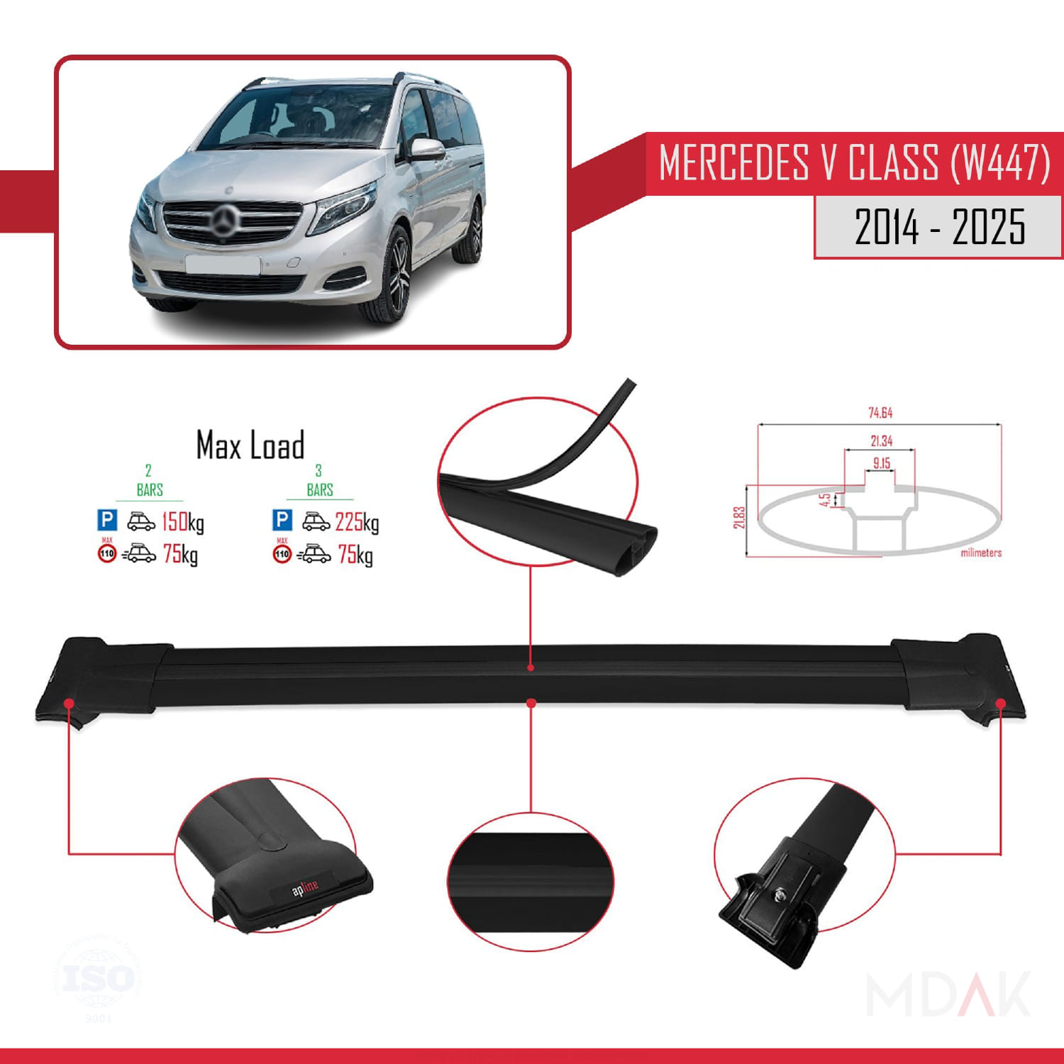 Mercedes V Class 3 (W447) 2014 ve Sonrası ile Uyumlu FLY Model Ara Atkı Tavan Barı Siyah 4 Adet - Görsel 3