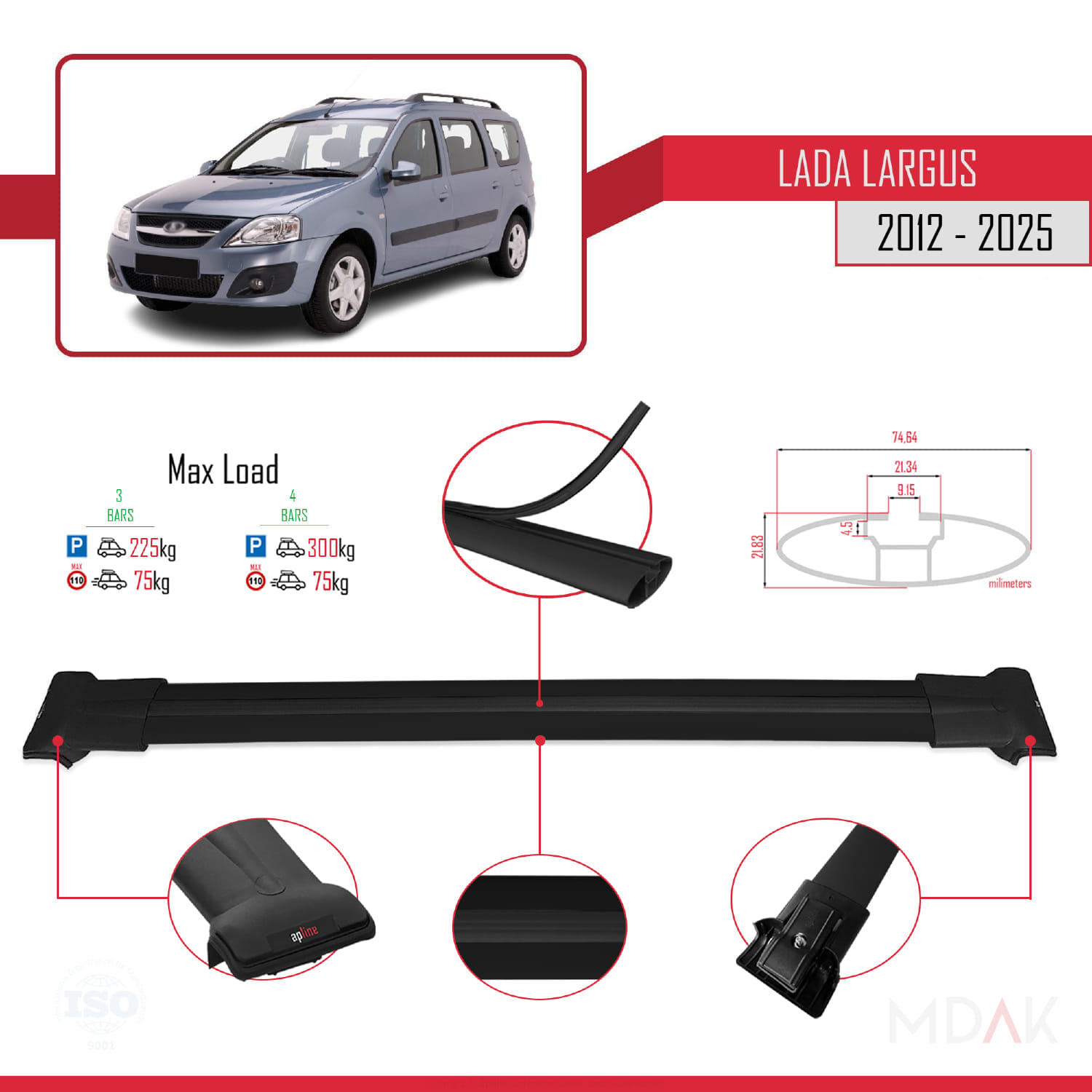 Lada Largus 2012 ve Sonrası ile Uyumlu FLY Model Ara Atkı Tavan Barı Siyah 3 Adet - Görsel 3