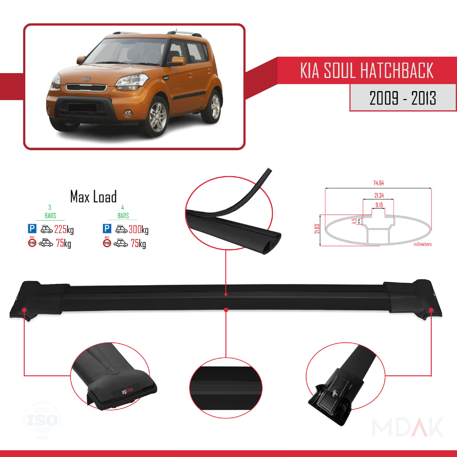 Kia Soul (AM) HB 2009-2013 Arası ile Uyumlu FLY Model Ara Atkı Tavan Barı Siyah 3 Adet - Görsel 3
