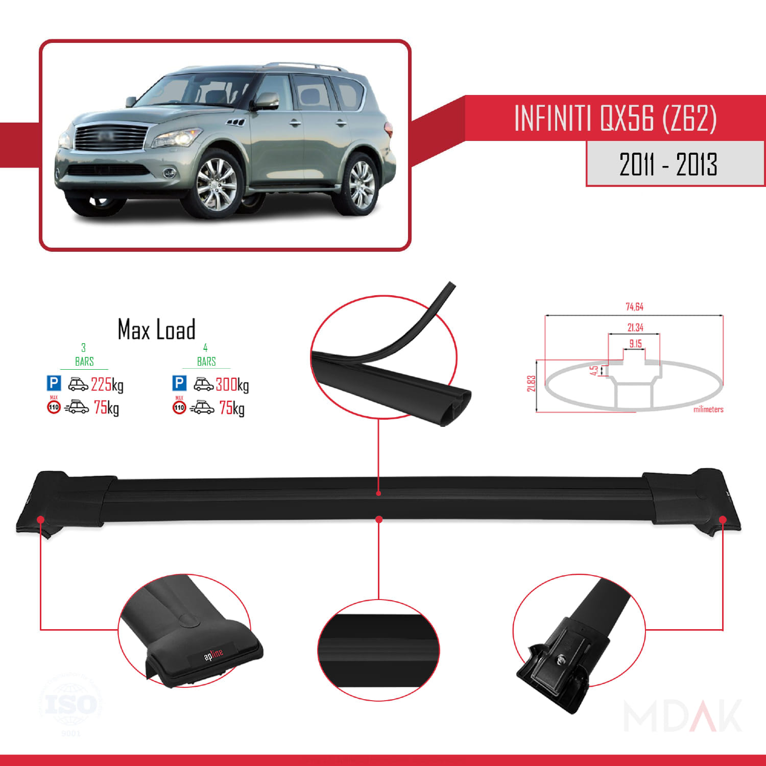 IInfiniti QX56 (Z62) 2011-2013 Arası ile Uyumlu FLY Model Ara Atkı Tavan Barı Siyah 3 Adet - Görsel 3