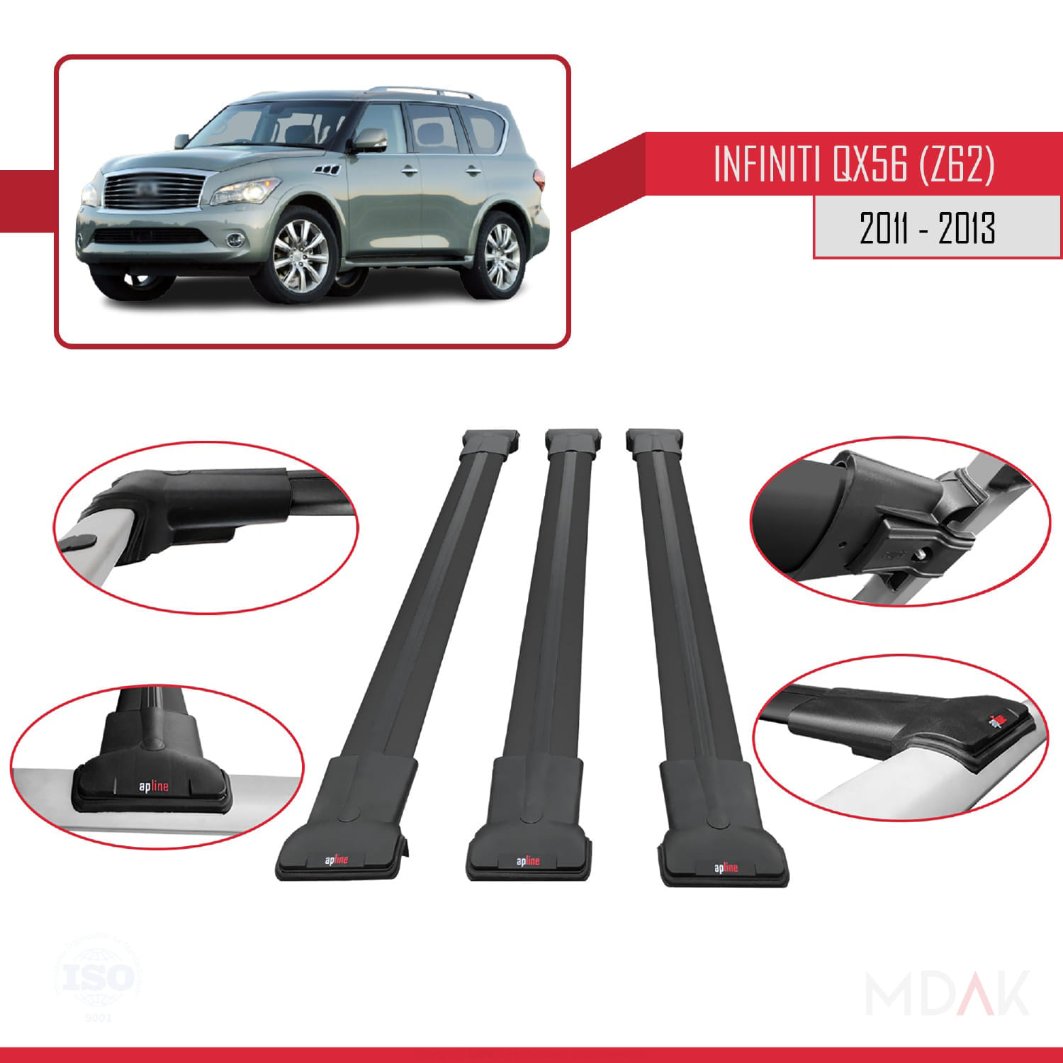 IInfiniti QX56 (Z62) 2011-2013 Arası ile Uyumlu FLY Model Ara Atkı Tavan Barı Siyah 3 Adet - Görsel 4