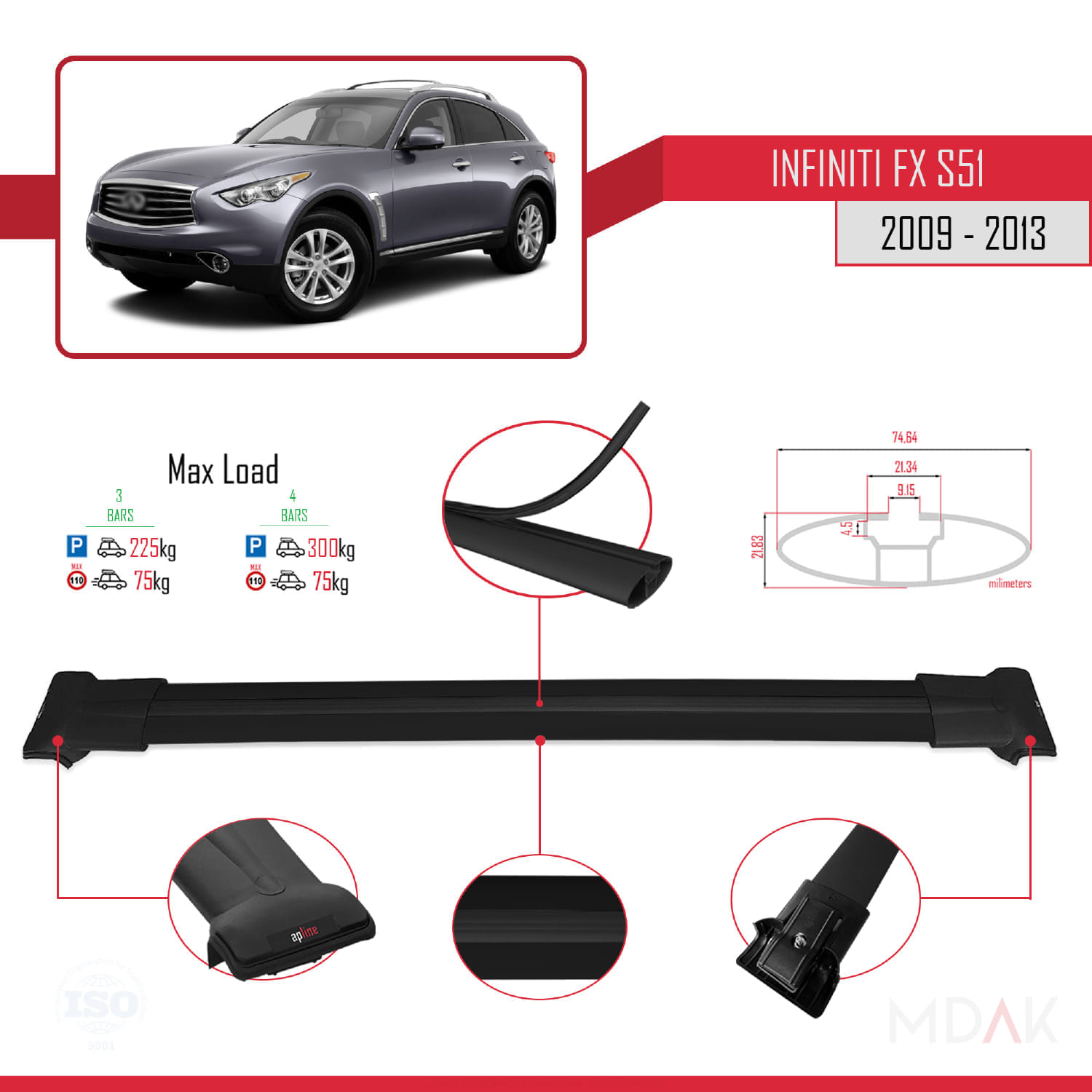Infiniti FX 2 (S51) 2009-2013 Arası ile Uyumlu FLY Model Ara Atkı Tavan Barı Siyah 3 Adet - Görsel 3
