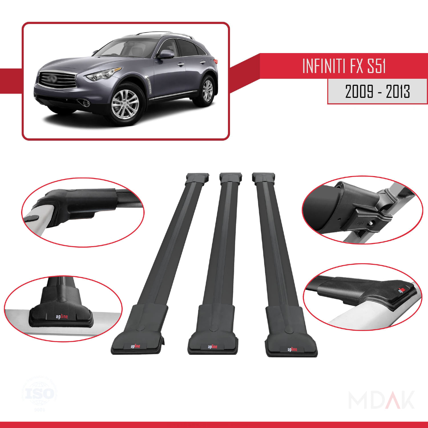 Infiniti FX 2 (S51) 2009-2013 Arası ile Uyumlu FLY Model Ara Atkı Tavan Barı Siyah 3 Adet - Görsel 4