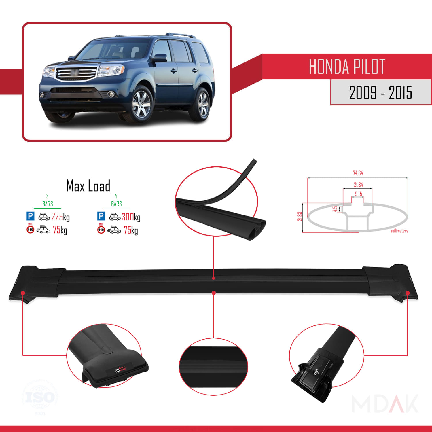 Honda Pilot 2 2009-2015 Arası ile Uyumlu FLY Model Ara Atkı Tavan Barı Siyah 3 Adet - Görsel 3