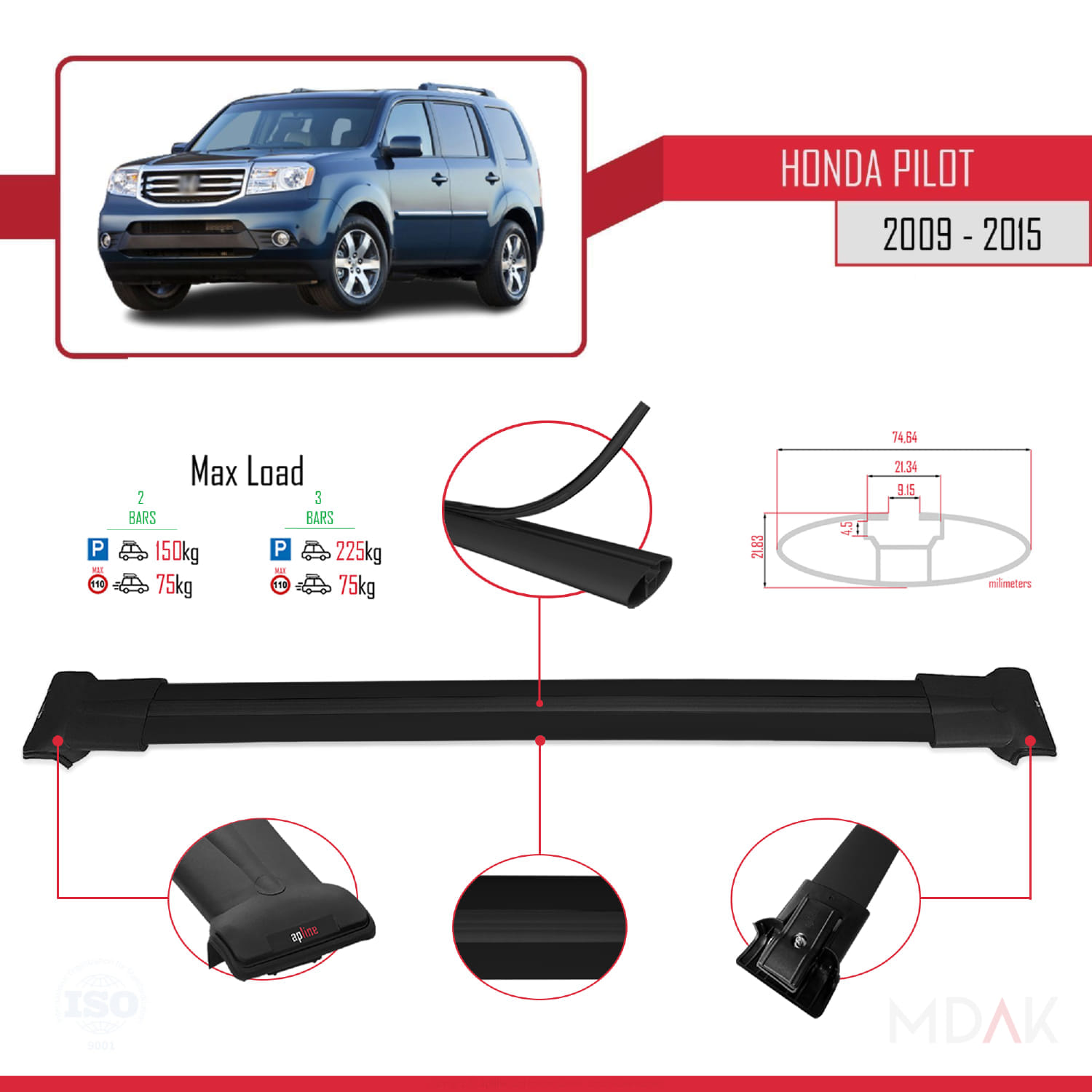 Honda Pilot 2 2009-2015 Arası ile Uyumlu FLY Model Ara Atkı Tavan Barı Siyah 2 Adet - Görsel 3