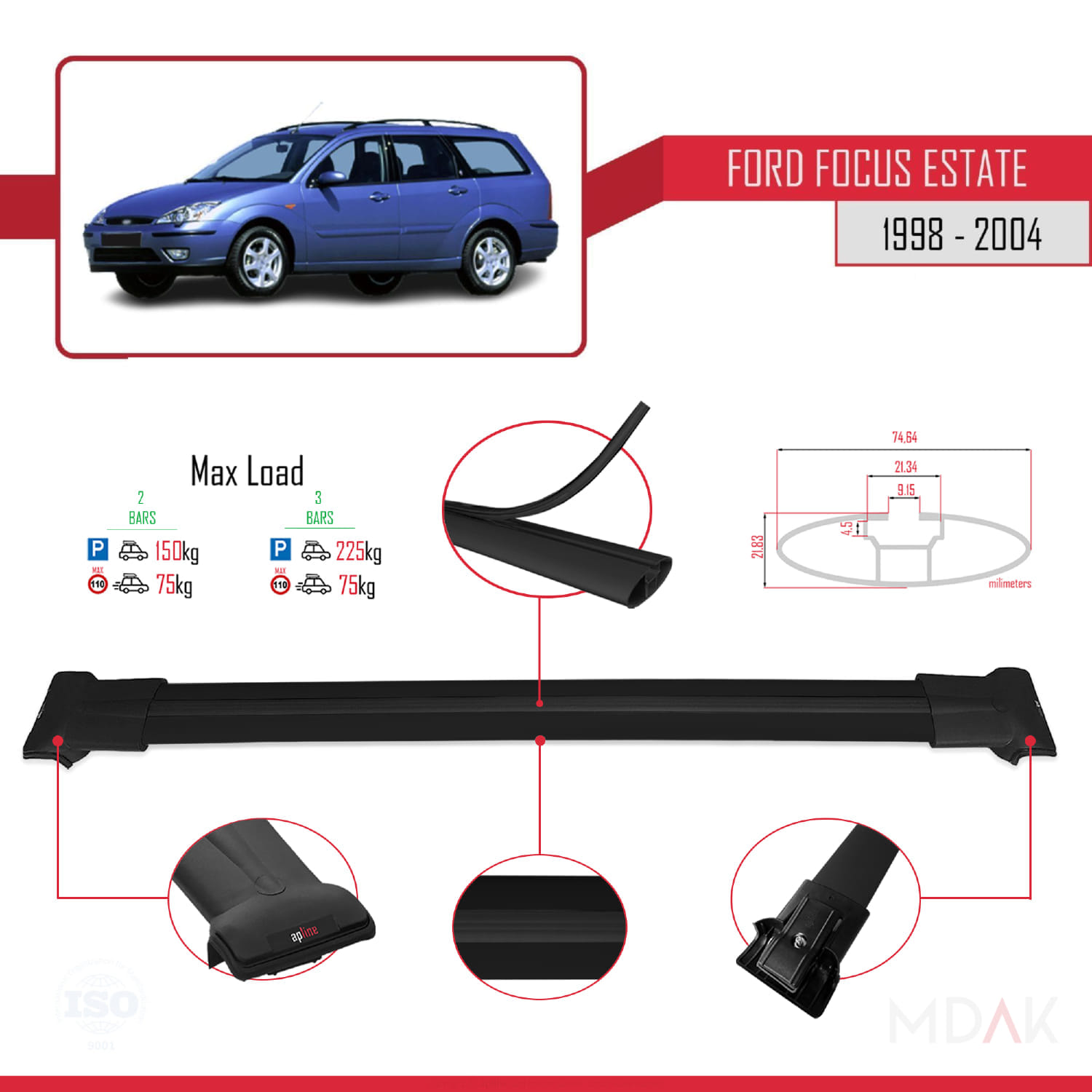 Ford Focus (C170) SW 1998-2004 Arası ile Uyumlu FLY Model Ara Atkı Tavan Barı Siyah 2 Adet - Görsel 3