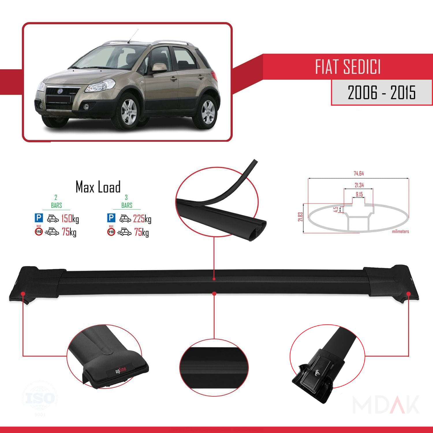 Fiat Sedici 2006-2015 Arası ile Uyumlu FLY Model Ara Atkı Tavan Barı Siyah 2 Adet - Görsel 3