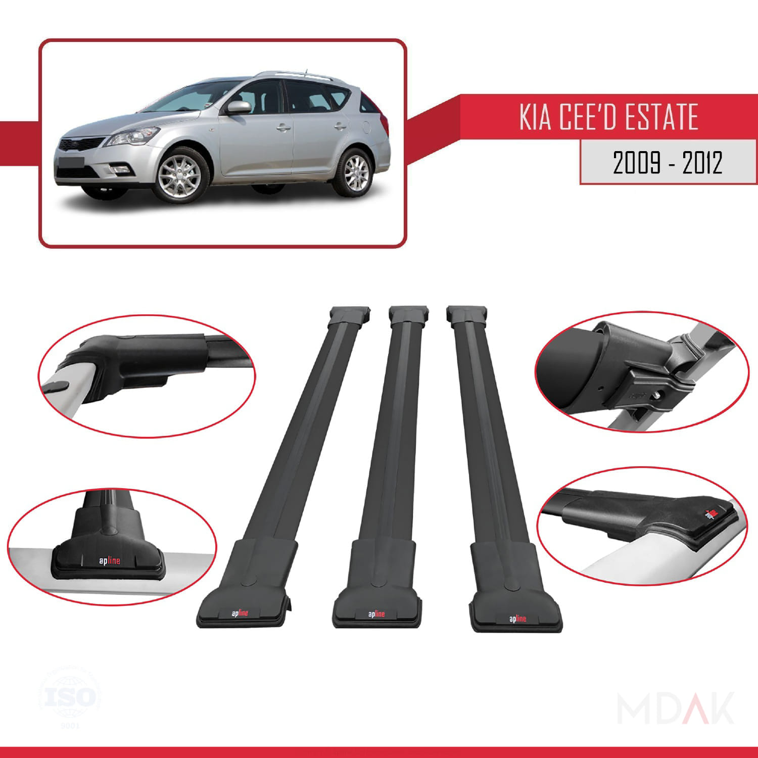 Kia Ceed (ED) SW Post-Facelift 2009-2012 Arası ile Uyumlu FLY Model Ara Atkı Tavan Barı Siyah 3 Adet - Görsel 4