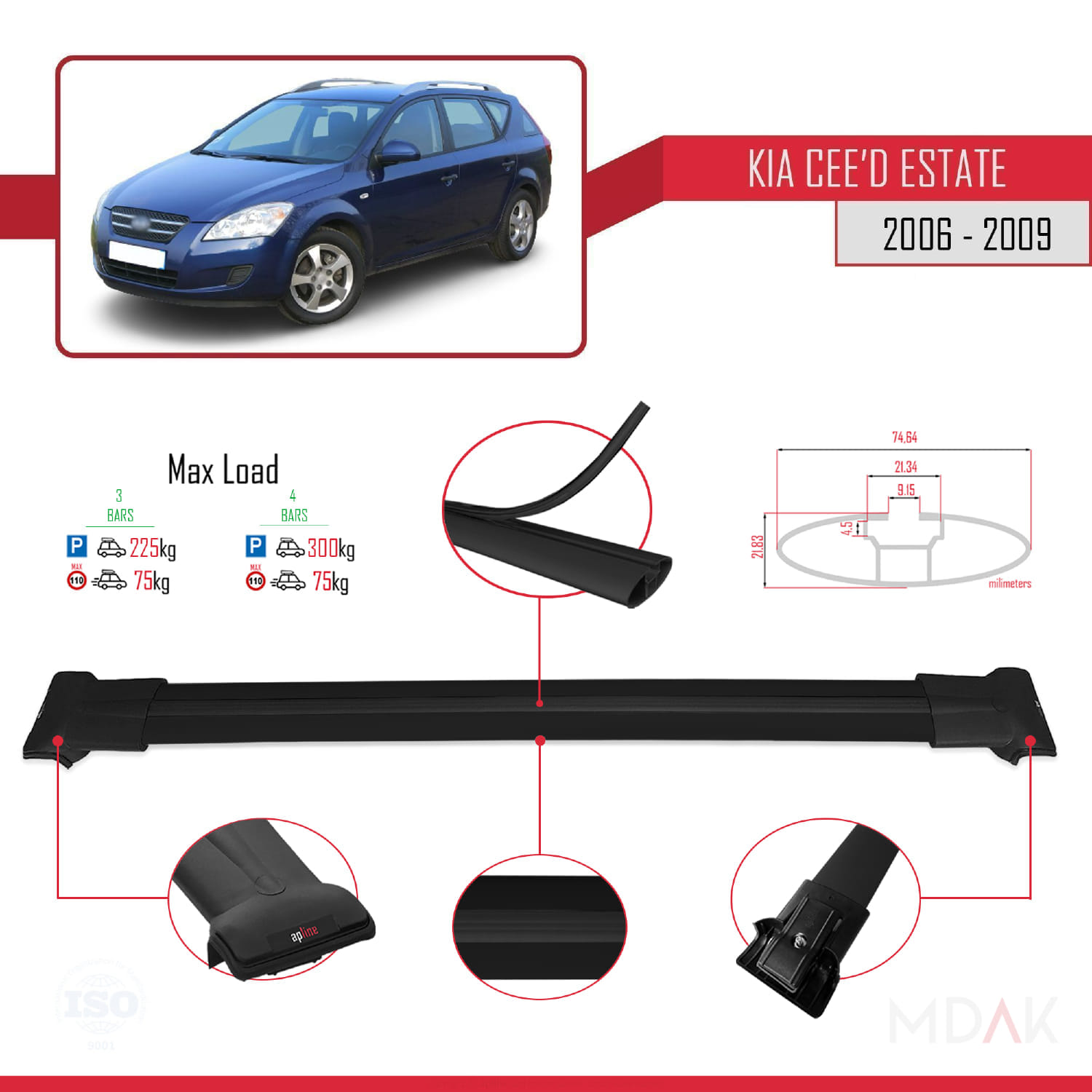 Kia Ceed (ED) SW Pre-Facelift 2006-2009 Arası ile Uyumlu FLY Model Ara Atkı Tavan Barı Siyah 3 Adet - Görsel 3