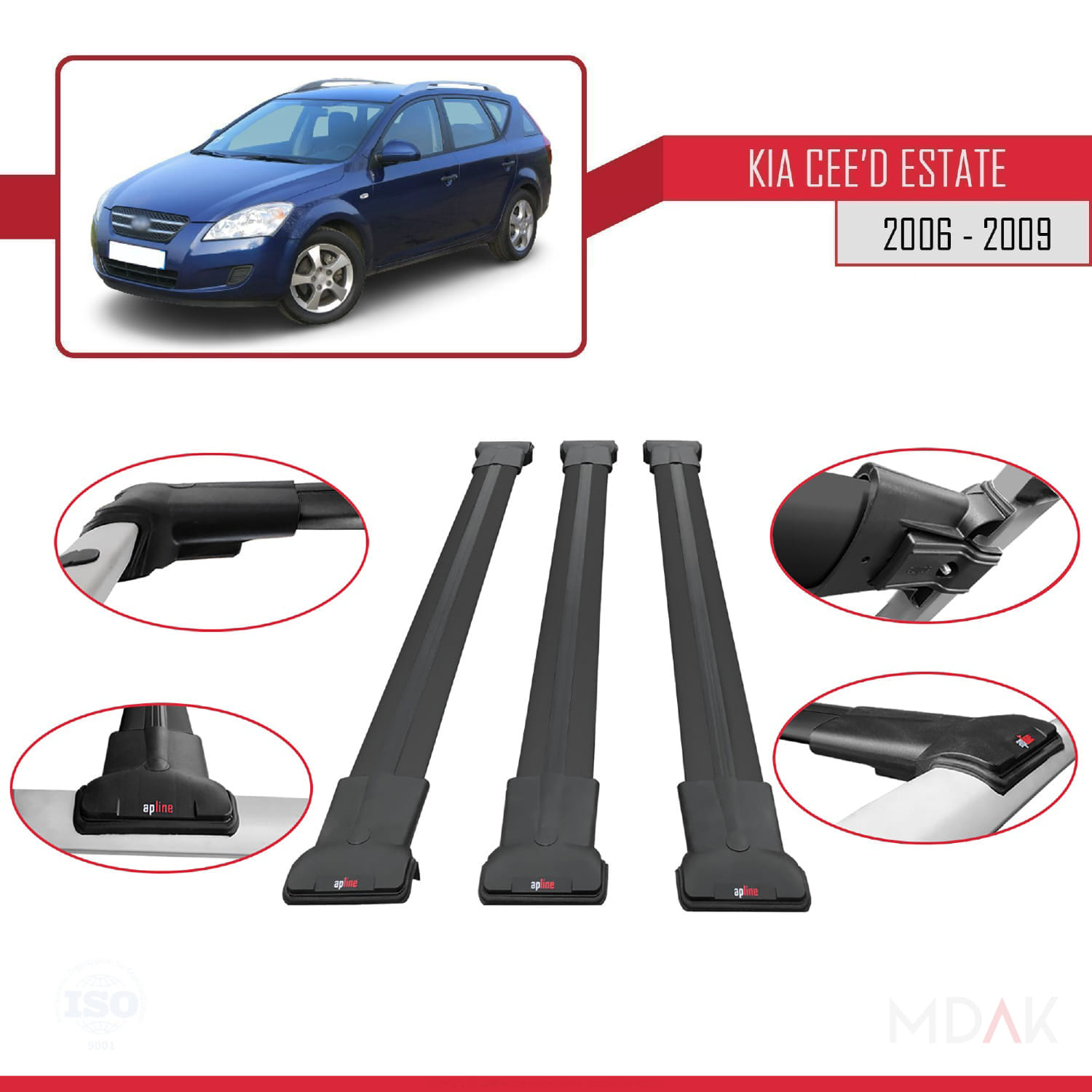 Kia Ceed (ED) SW Pre-Facelift 2006-2009 Arası ile Uyumlu FLY Model Ara Atkı Tavan Barı Siyah 3 Adet - Görsel 4