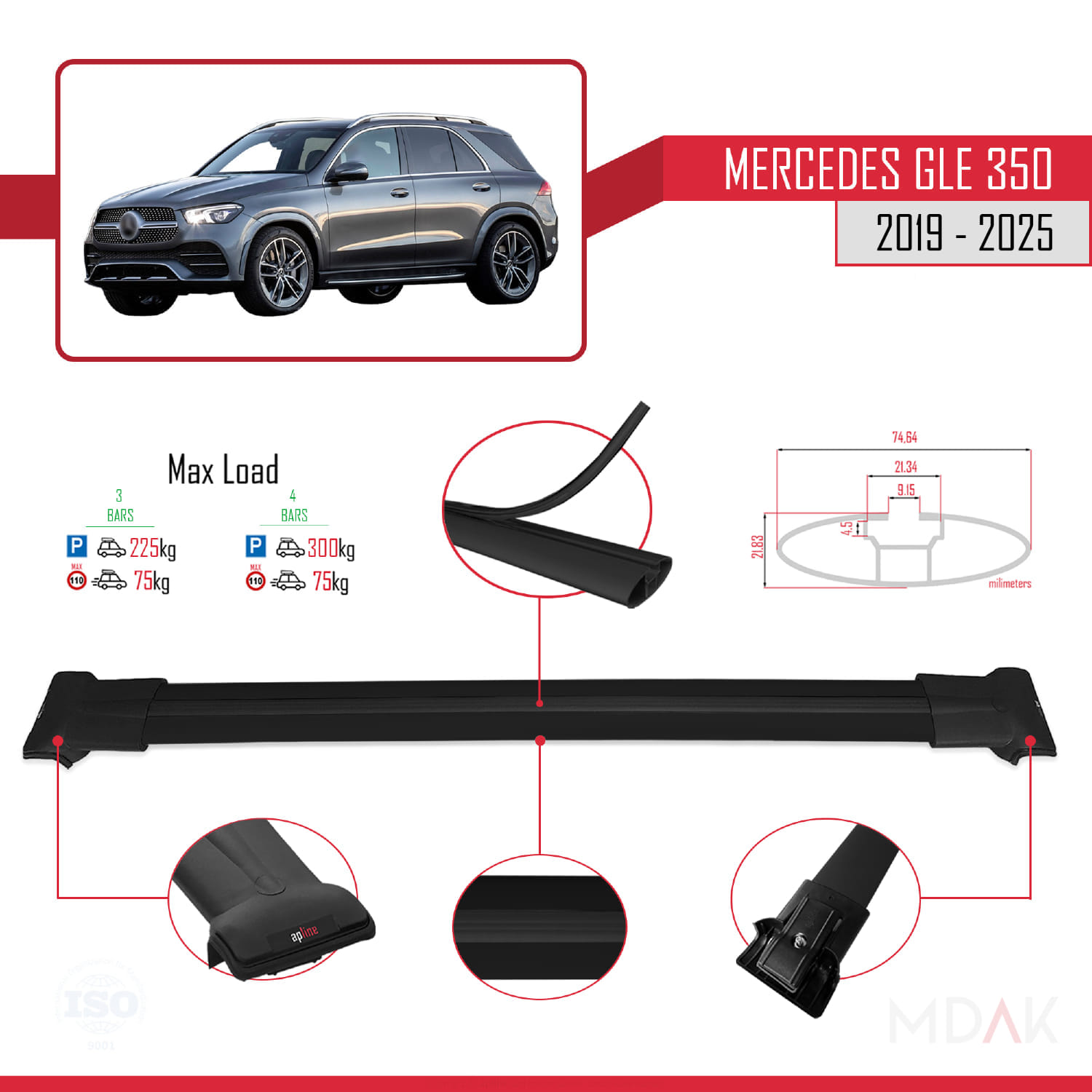 Mercedes GLE Class 4 (V167) 2019 ve Sonrası ile Uyumlu FLY Model Ara Atkı Tavan Barı Siyah 3 Adet - Görsel 3
